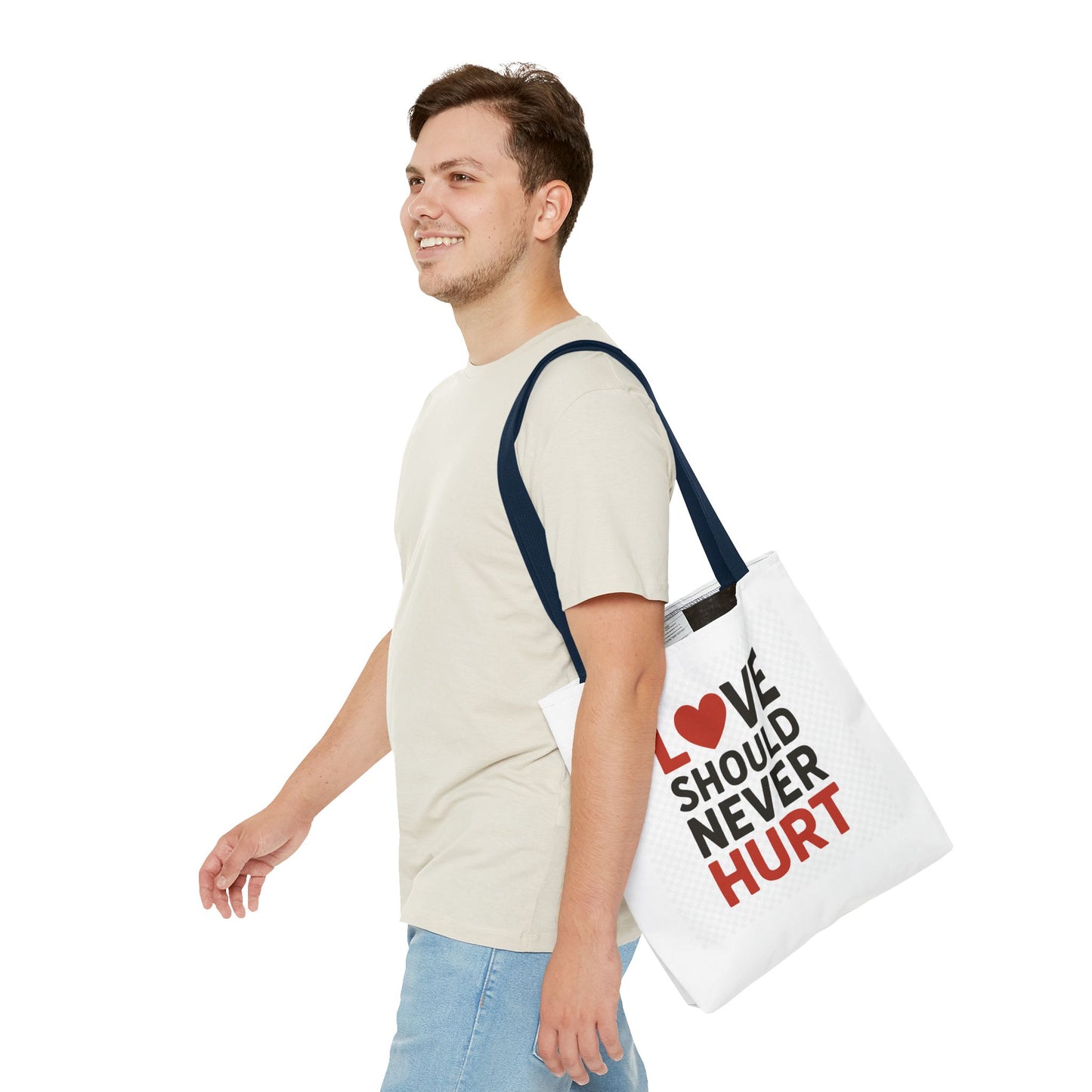 Love Should Never Hurt Tote Bag – Inspirational Gift for Awareness Events, Eco-Friendly Reusable Shopping Bag, Positive Affirmation Bag