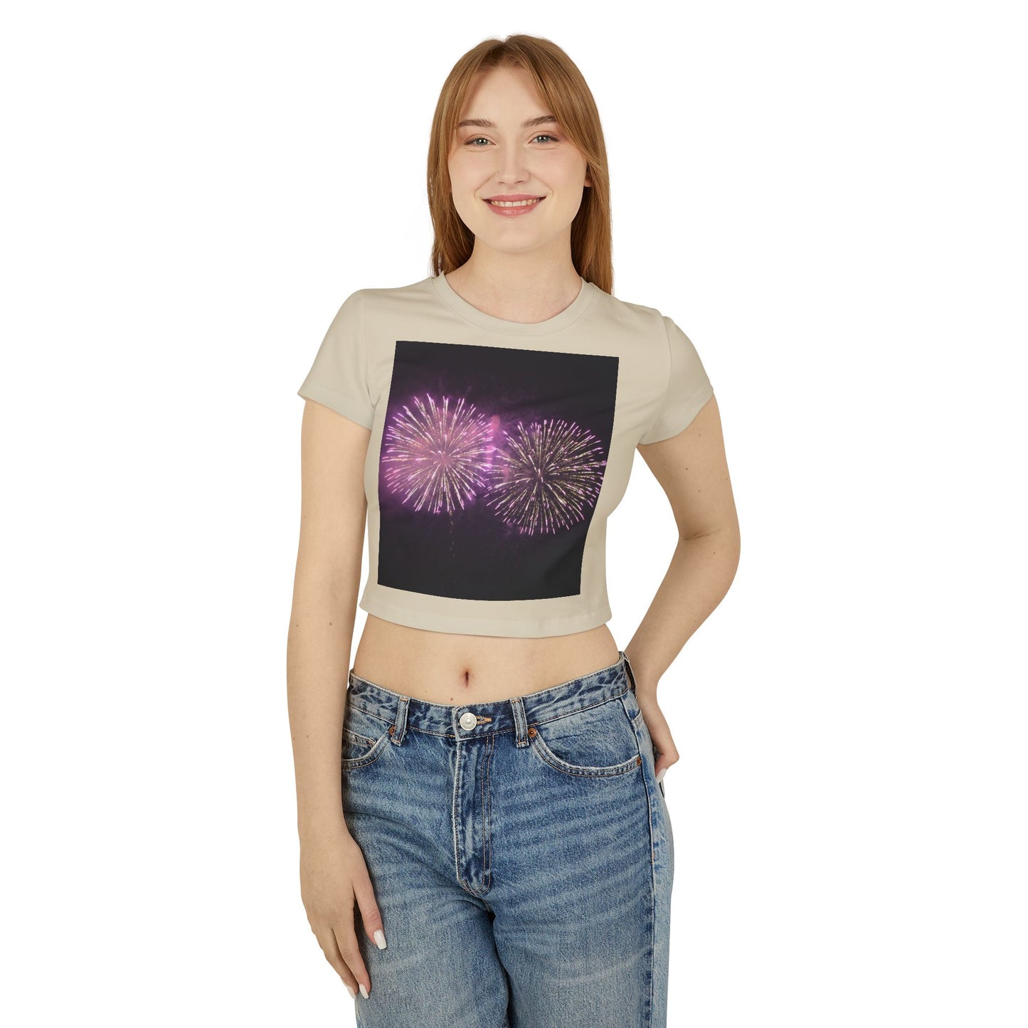 Women's Baby Tee with Vibrant Fireworks Design | Casual Summer Top, Festival Wear, Party Shirt, Celebrate Events, Gift for Her