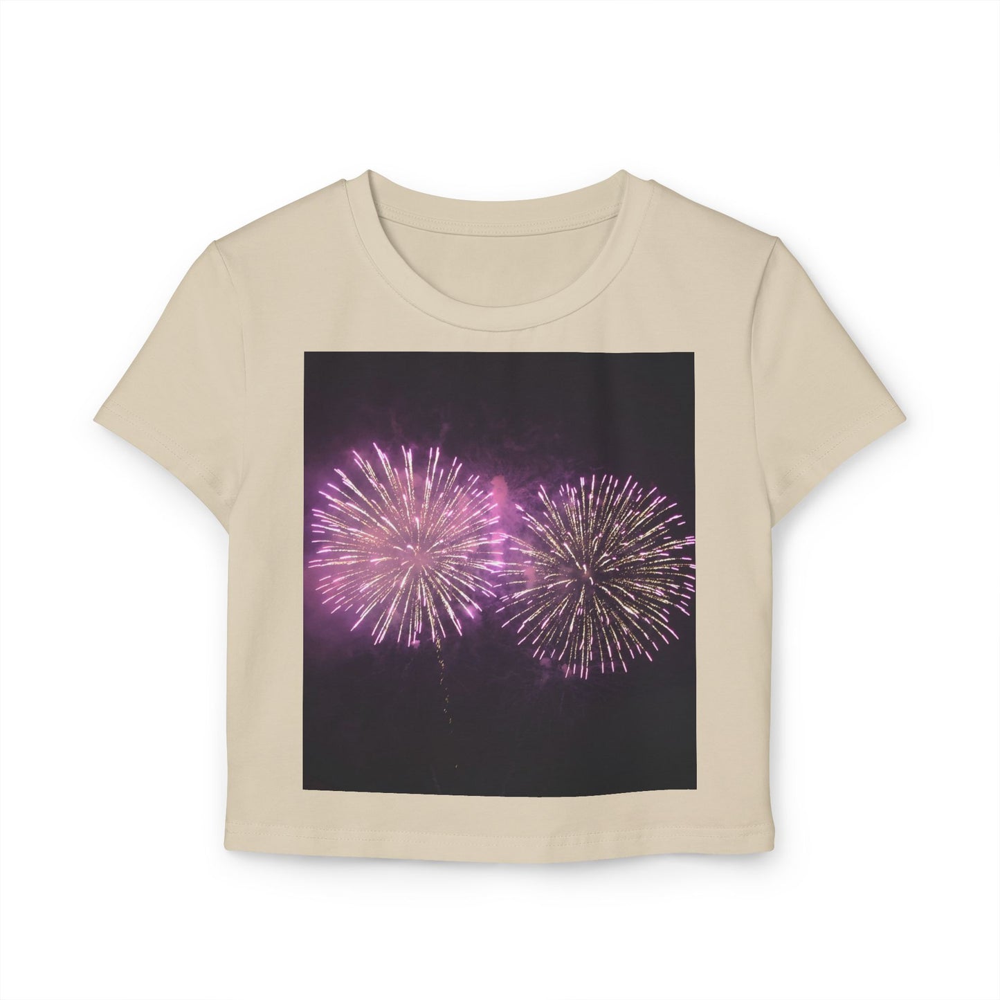 Women's Baby Tee with Vibrant Fireworks Design | Casual Summer Top, Festival Wear, Party Shirt, Celebrate Events, Gift for Her