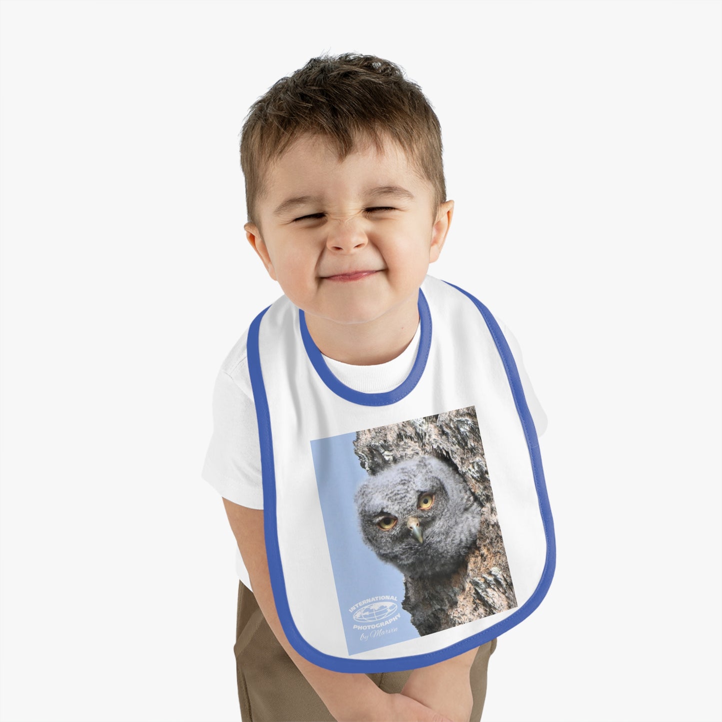 Cute Owl Baby Bib with Contrast Trim, Baby Feeding Gift, Infant Bib, Owl Lover Gift, Nursery Decor, Newborn Essential