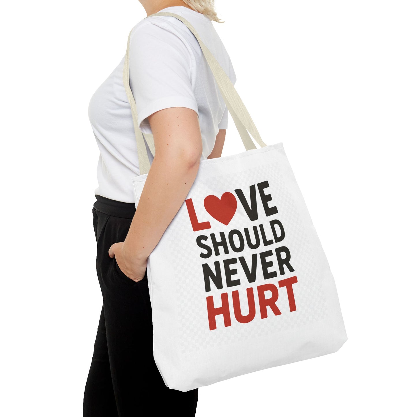 Love Should Never Hurt Tote Bag – Inspirational Gift for Awareness Events, Eco-Friendly Reusable Shopping Bag, Positive Affirmation Bag