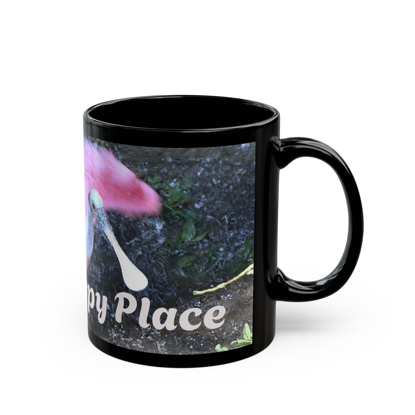 Vibrant Black Mug with Happy Place Design, Unique Gift for Bird Lovers, Coffee Mug, Cute Home Decor, Fun Office Mug, Ideal for Birthdays