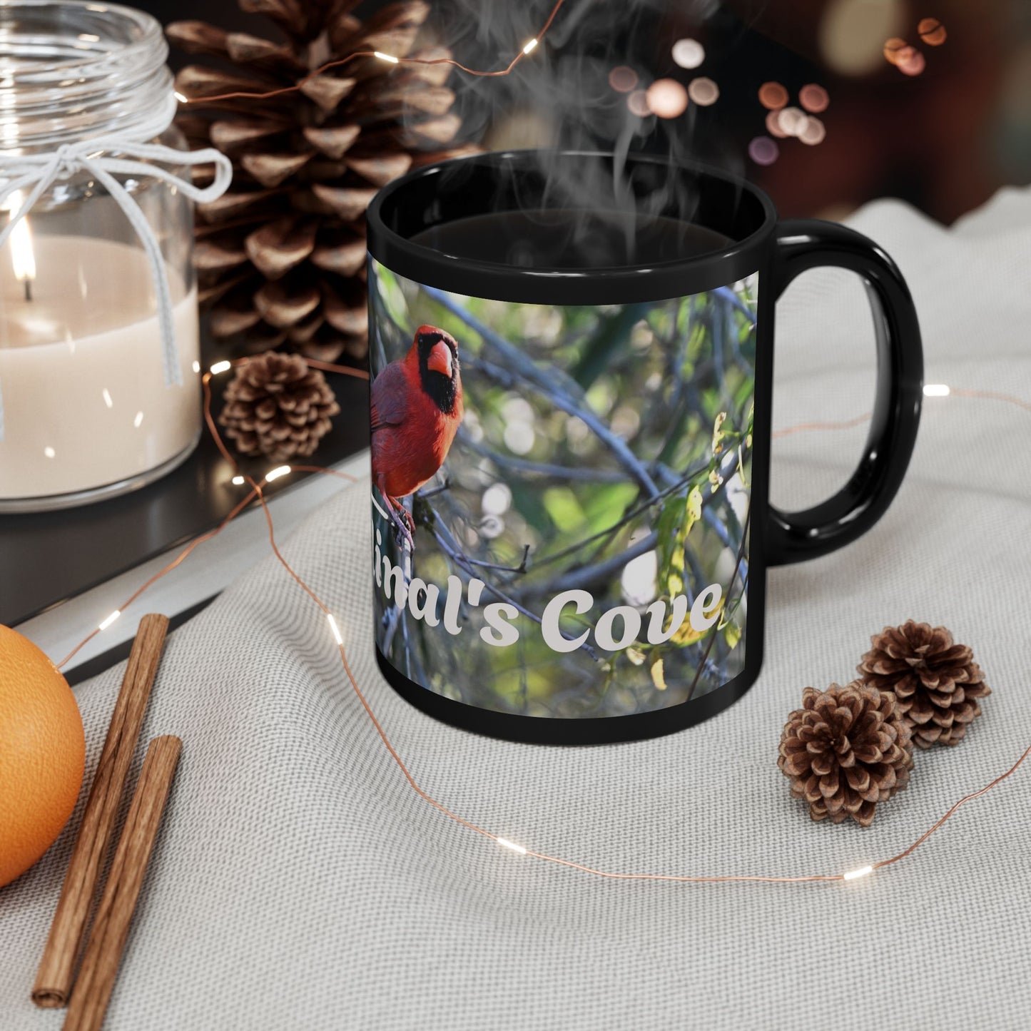 Cardinal's Cove Black Mug - Nature Lover's Coffee Cup, Birdwatching Gift, Home Decor, Eco-Friendly Drinkware, Birdwatcher Mug