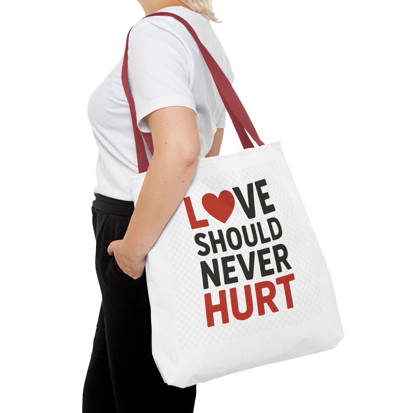Love Should Never Hurt Tote Bag – Inspirational Gift for Awareness Events, Eco-Friendly Reusable Shopping Bag, Positive Affirmation Bag