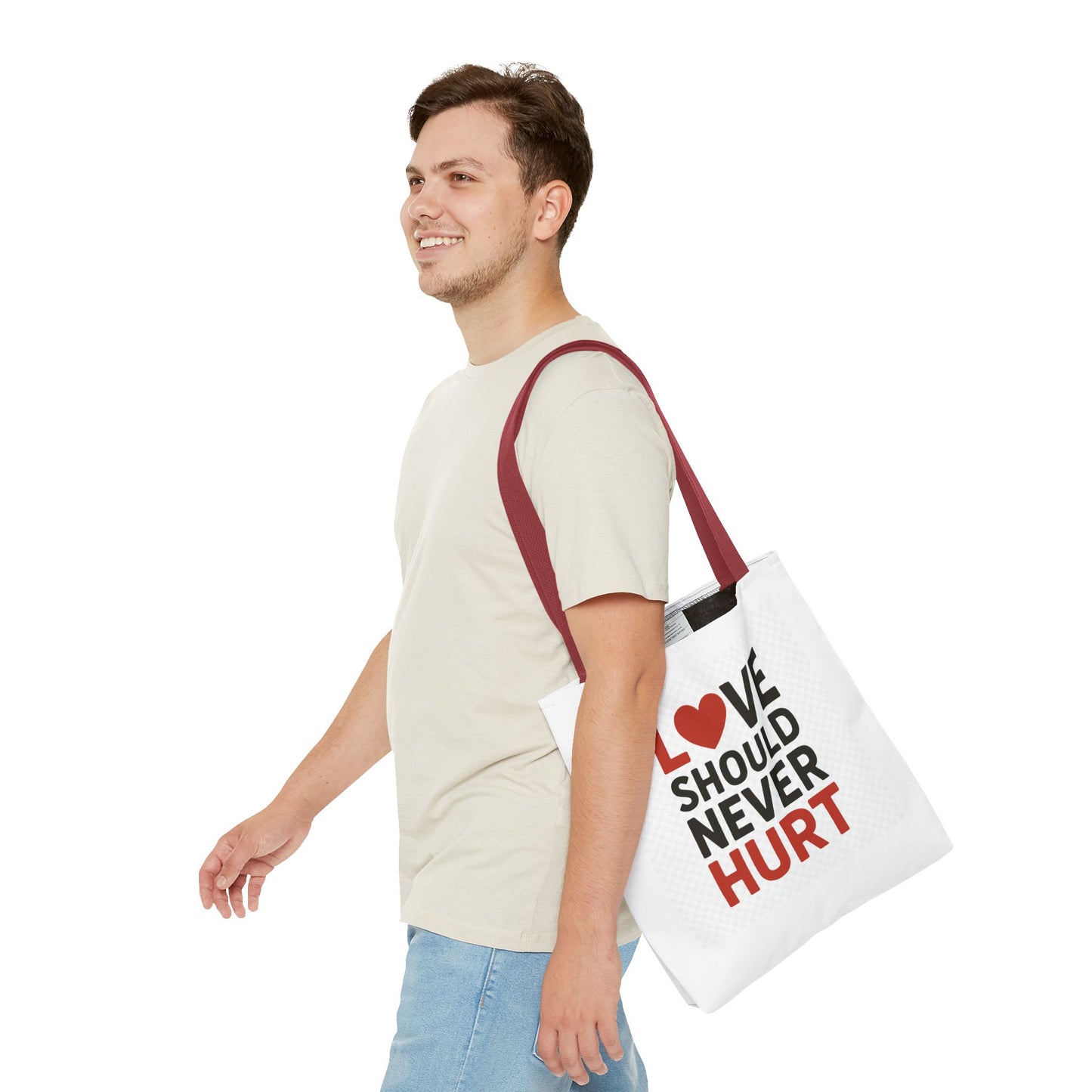Love Should Never Hurt Tote Bag – Inspirational Gift for Awareness Events, Eco-Friendly Reusable Shopping Bag, Positive Affirmation Bag