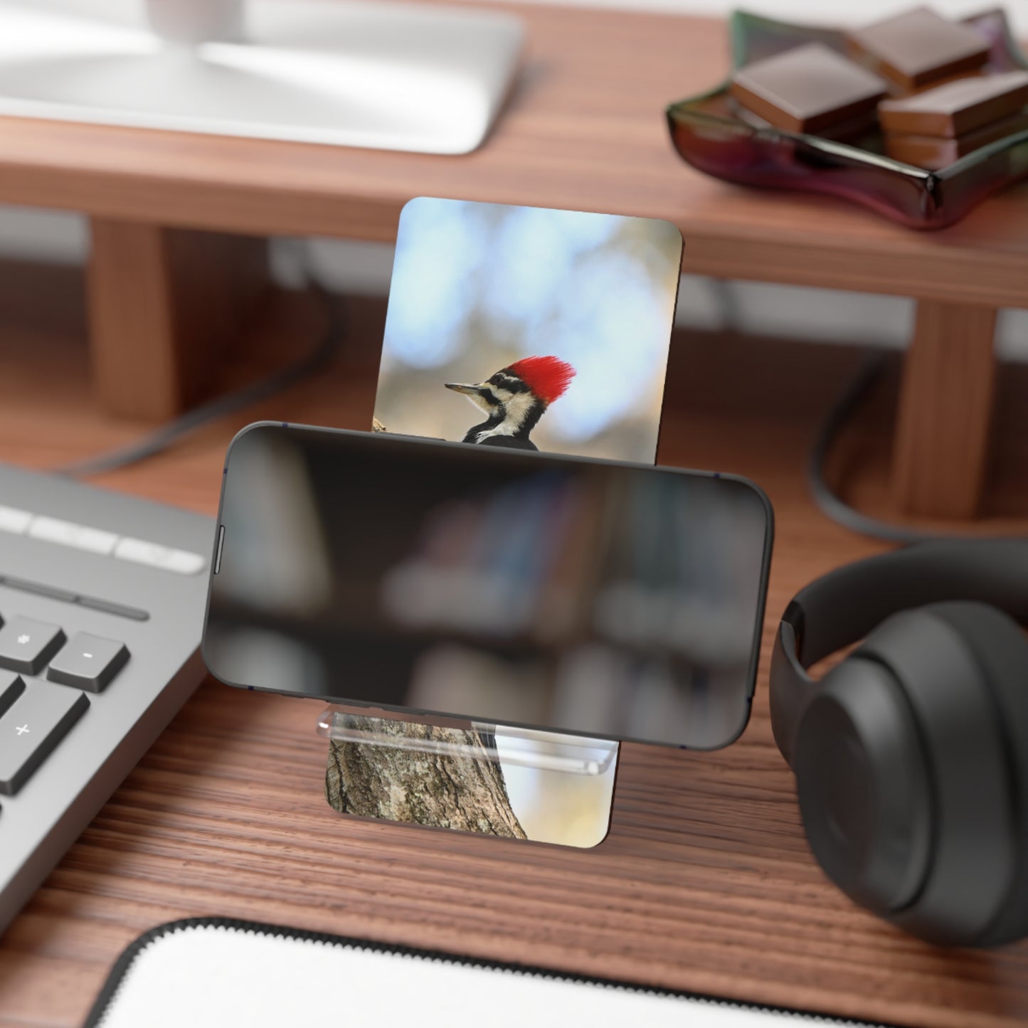 Woodpecker Phone Stand — Acrylic Mobile Display Stand for Smartphones
