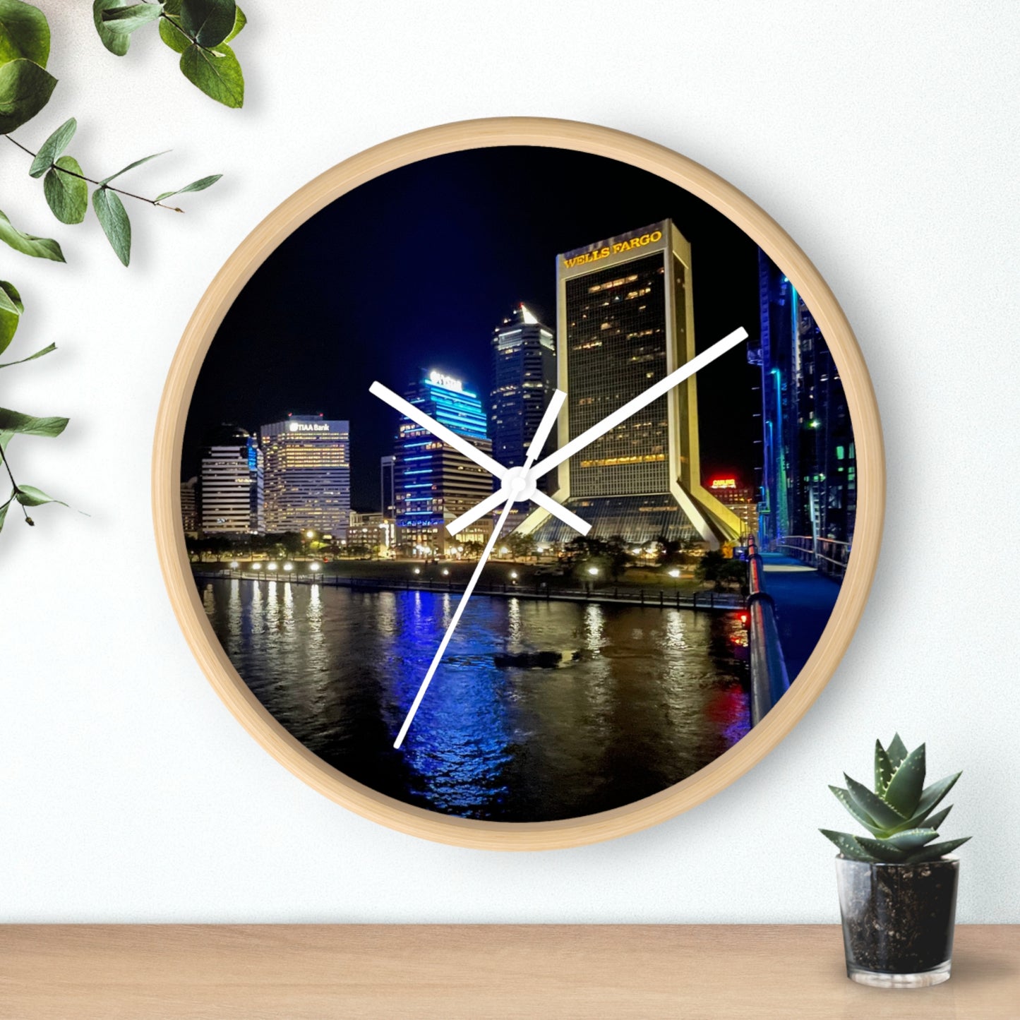 City Nightscape Wall Clock — Illuminated Skyline Reflection Clock for Modern Home Décor