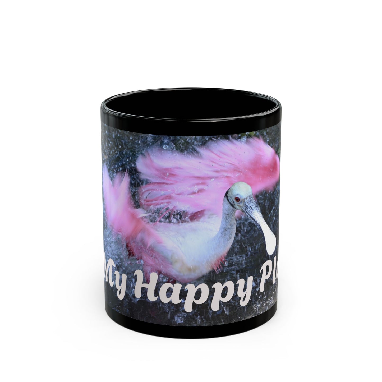 Vibrant Black Mug with Happy Place Design, Unique Gift for Bird Lovers, Coffee Mug, Cute Home Decor, Fun Office Mug, Ideal for Birthdays