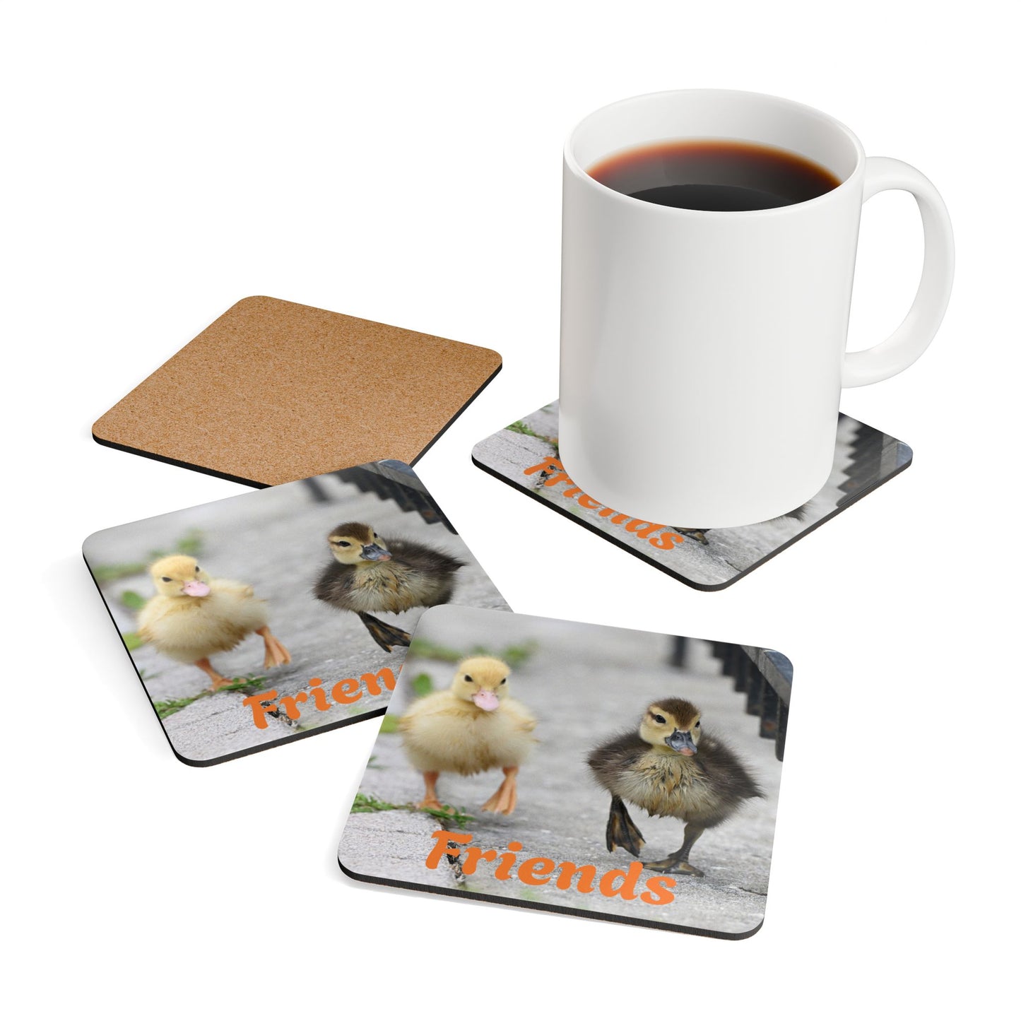 Cute Friends Corkwood Coaster Set, Duckling Home Decor, Gift for Friends, Kitchen Accessory, Housewarming Present, Coaster Set with Ducks