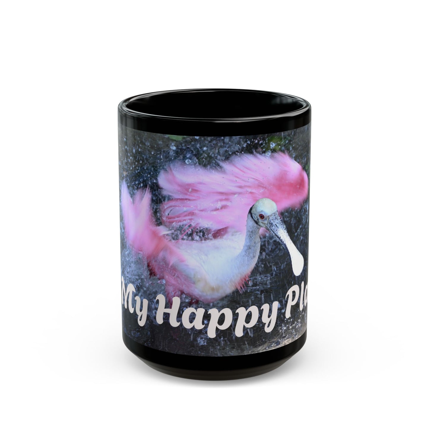 Vibrant Black Mug with Happy Place Design, Unique Gift for Bird Lovers, Coffee Mug, Cute Home Decor, Fun Office Mug, Ideal for Birthdays