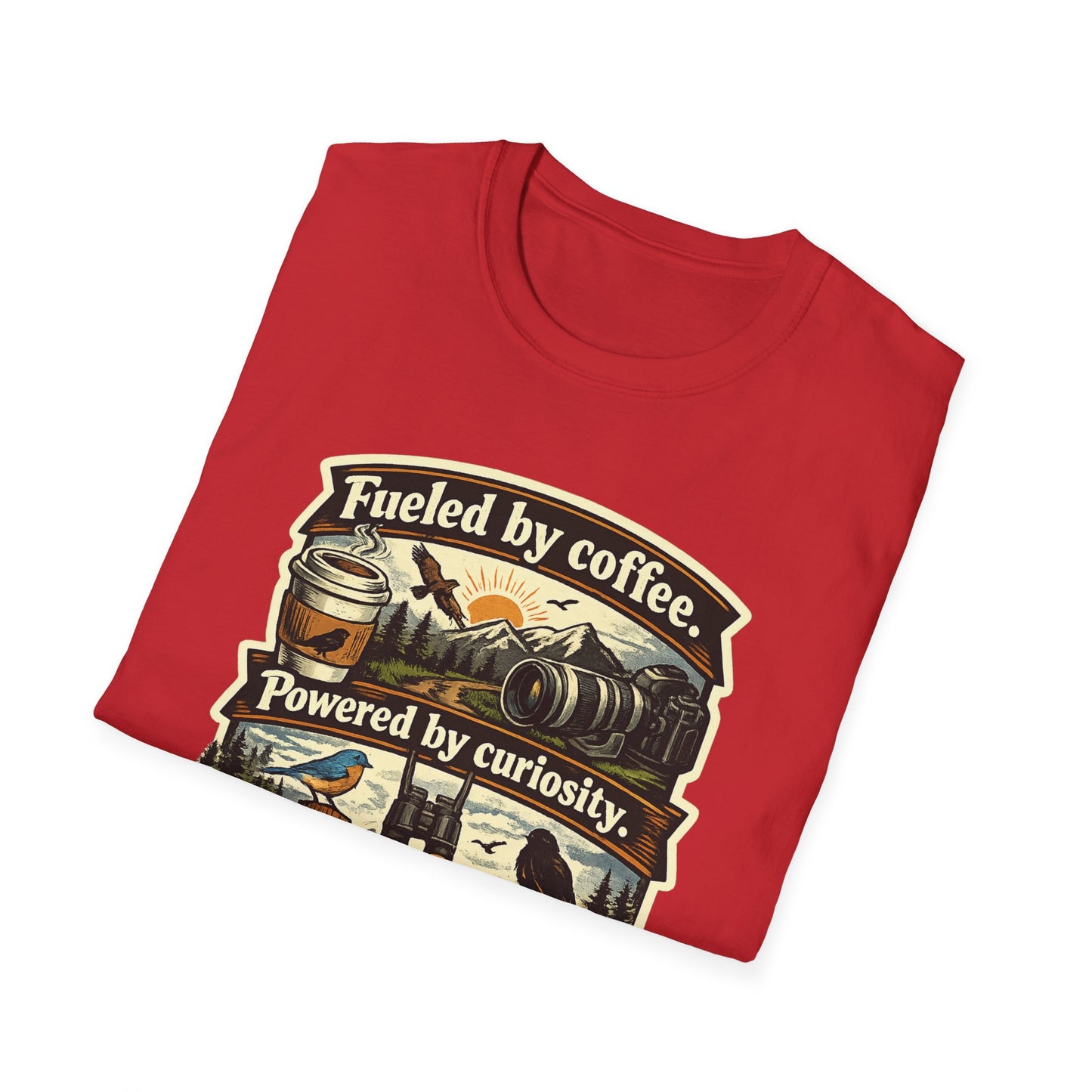 Birdwatcher Graphic T-Shirt — "Fueled by Coffee. Powered by Curiosity. Braking for Birds."