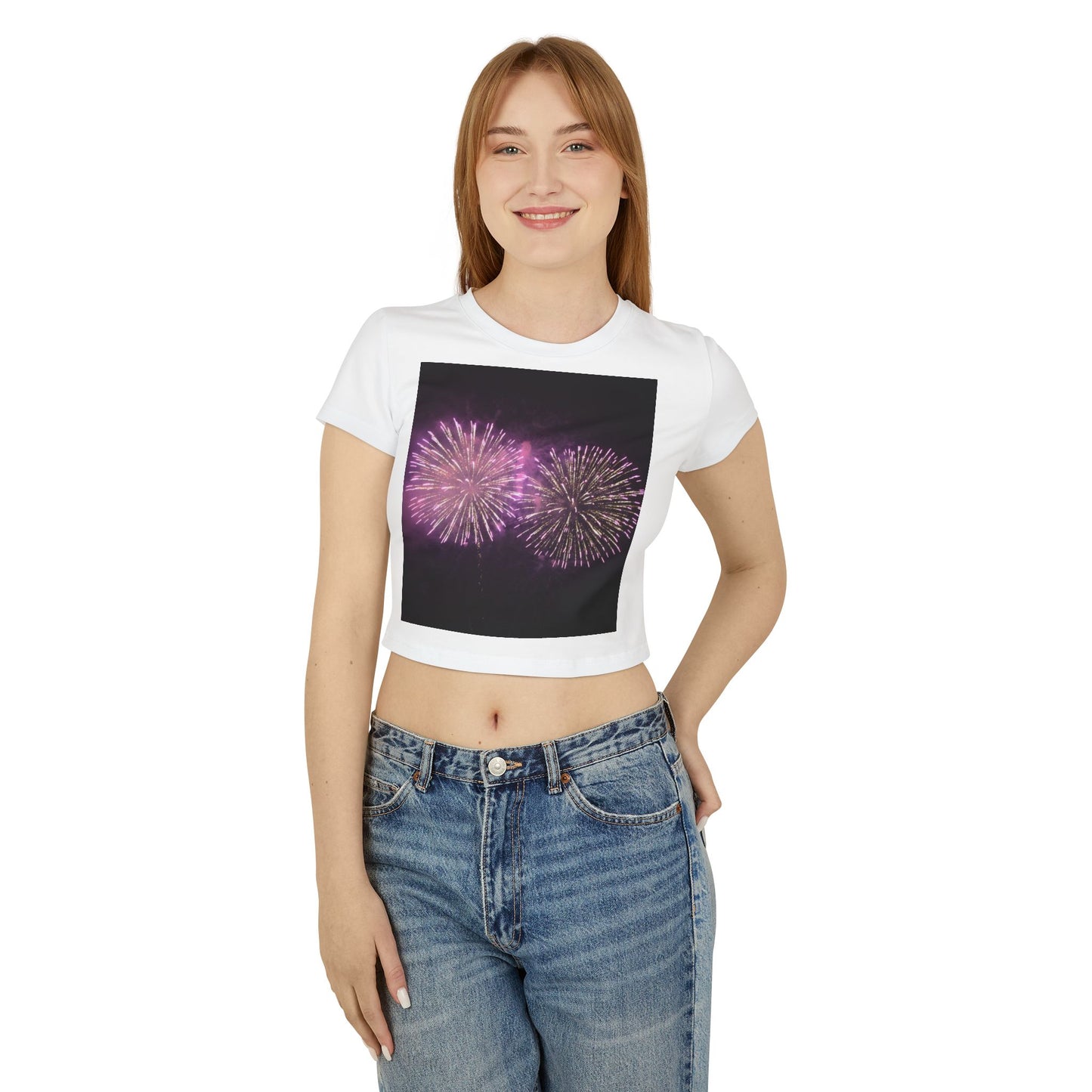 Women's Baby Tee with Vibrant Fireworks Design | Casual Summer Top, Festival Wear, Party Shirt, Celebrate Events, Gift for Her