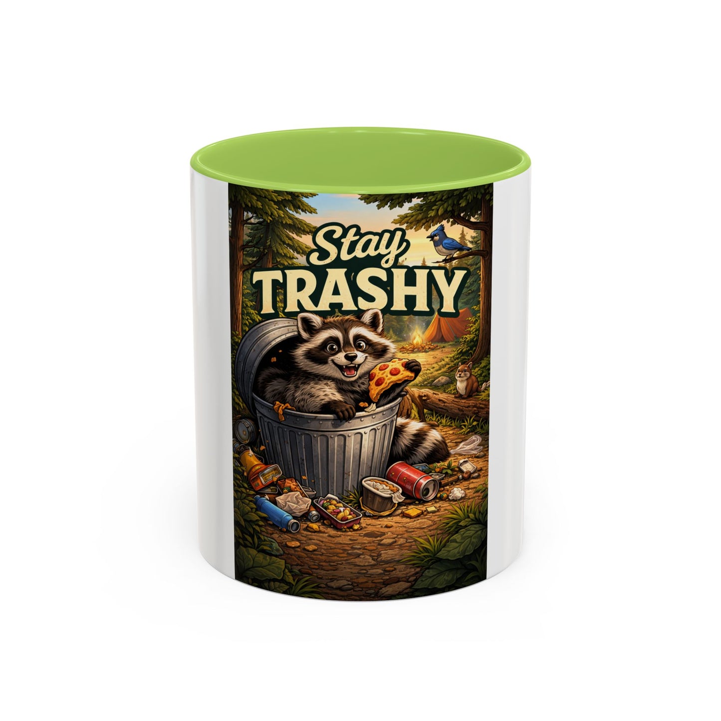 Stay Trashy Coffee Mug — Funny Raccoon Trash Can Design, Novelty Gift for Friends & Family