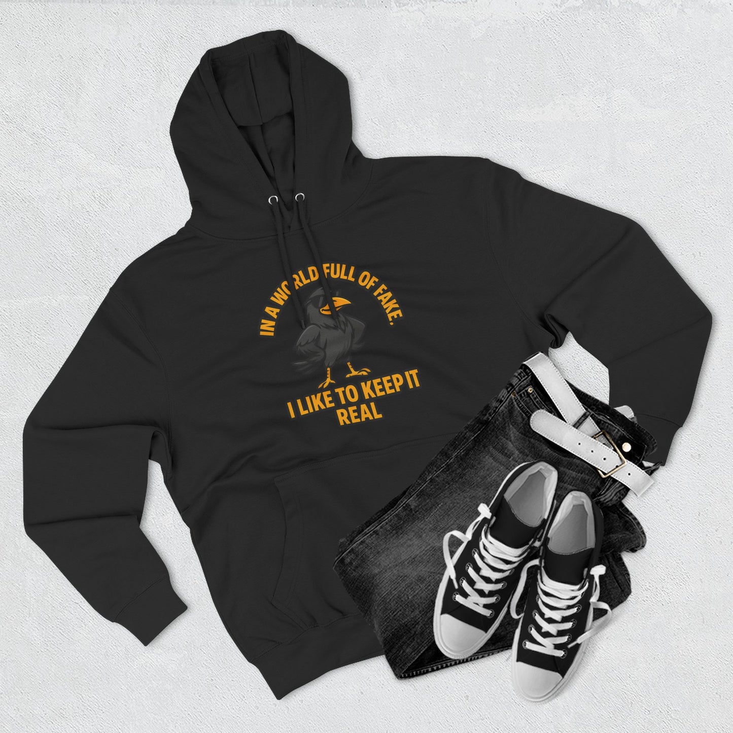 Three-Panel Hoodie — Funny Ostrich "I Like to Keep It Real" Graphic