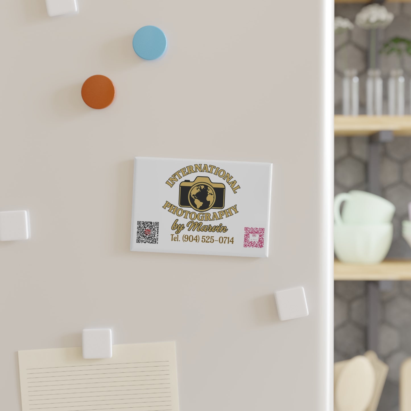Rectangle Button Magnet — “International Photography by Marvin” Logo with Camera & QR Codes