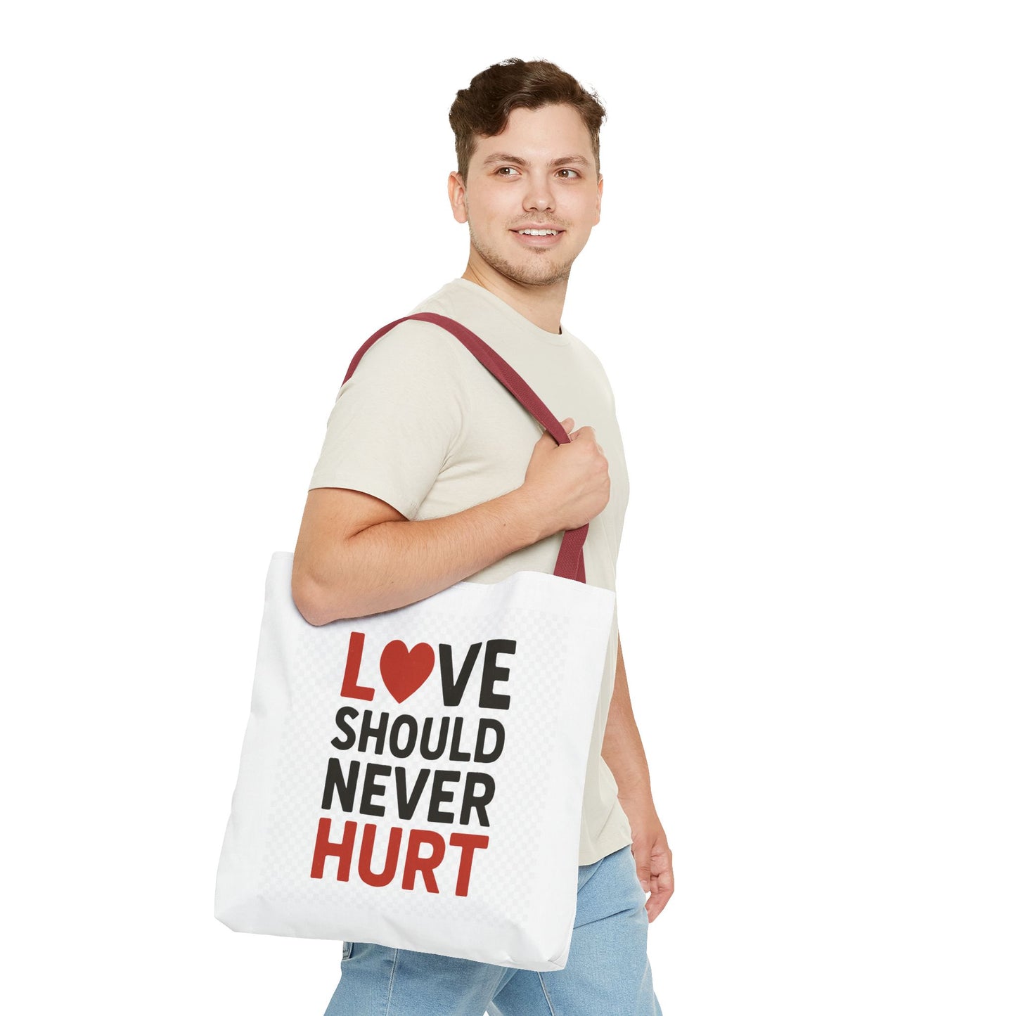 Love Should Never Hurt Tote Bag – Inspirational Gift for Awareness Events, Eco-Friendly Reusable Shopping Bag, Positive Affirmation Bag