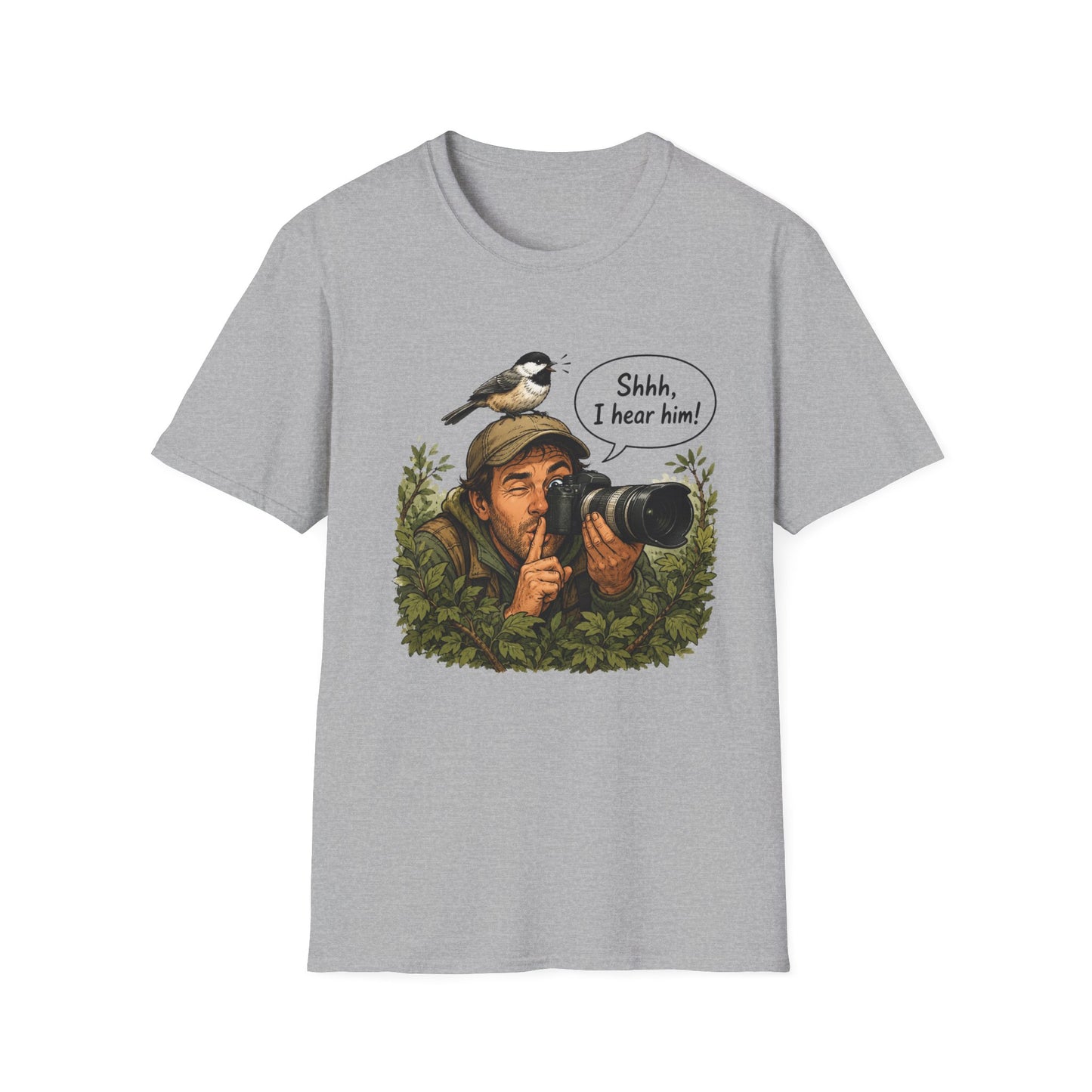 Birdwatcher Photographer T‑Shirt — “Shhh, I hear him!” Nature Lover Tee