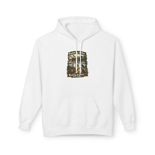 Hoodie — "Fueled by Coffee, Powered by Curiosity, Braking for Birds" Vintage Adventure Graphic