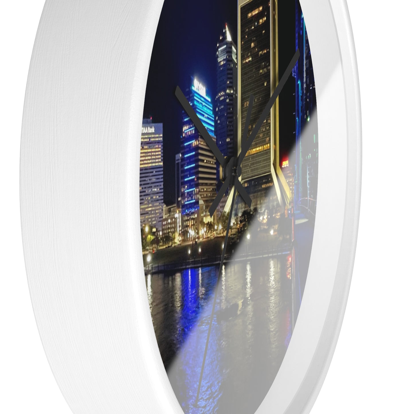 City Nightscape Wall Clock — Illuminated Skyline Reflection Clock for Modern Home Décor