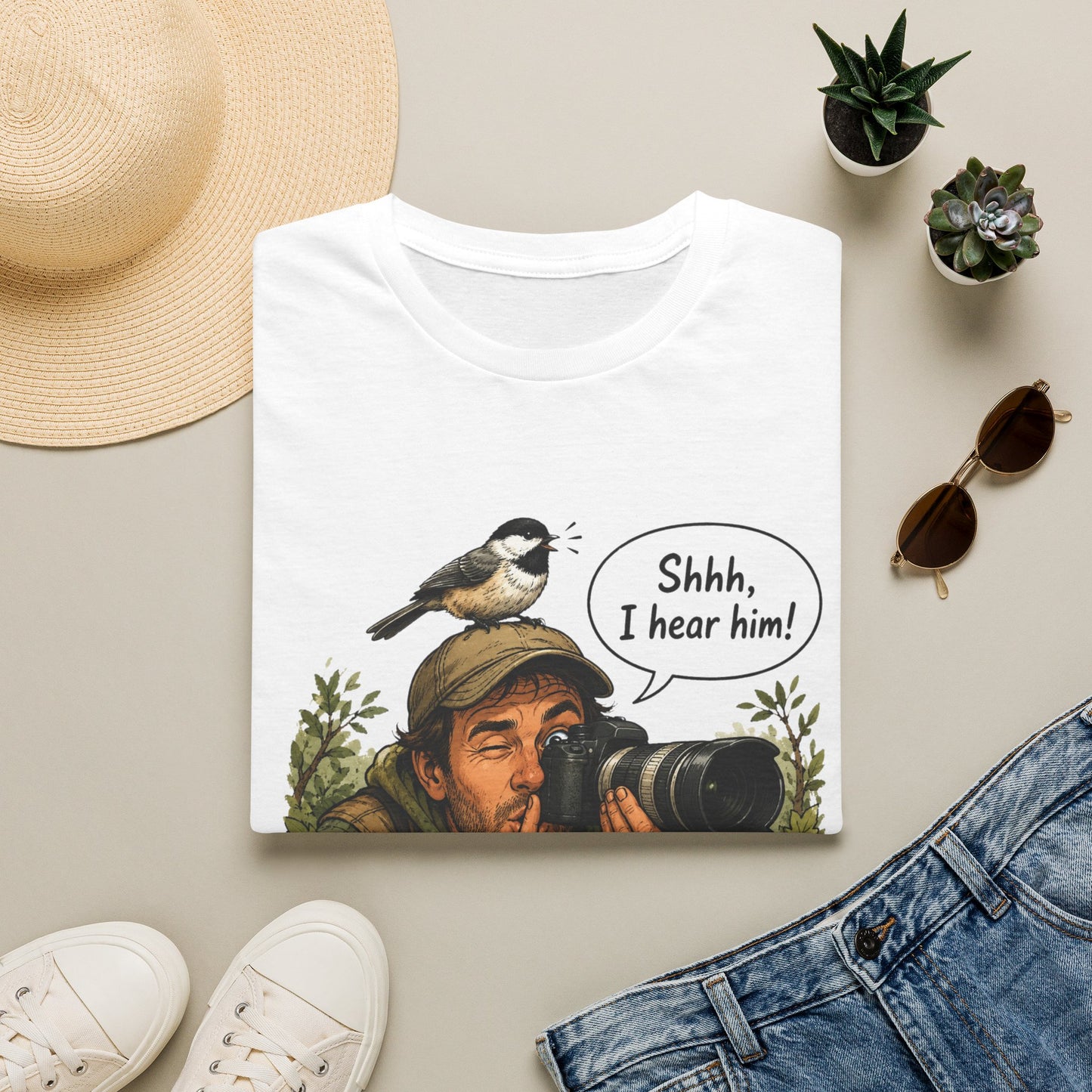 Birdwatcher Photographer T‑Shirt — “Shhh, I hear him!” Nature Lover Tee