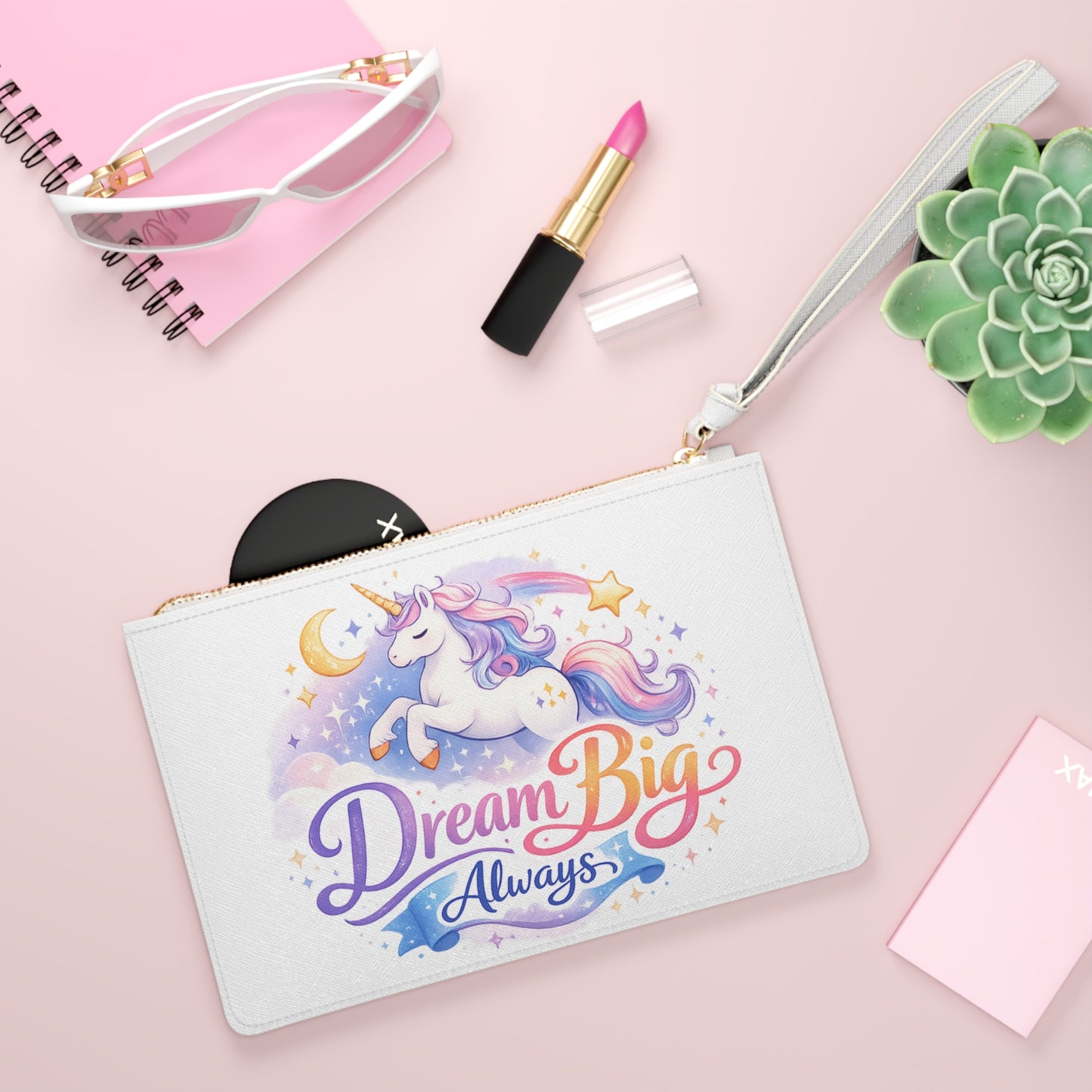 Clutch Bag — 'Dream Big Always' Unicorn Wristlet Clutch, Cute Pastel Magic Accessory for Girls & Teens