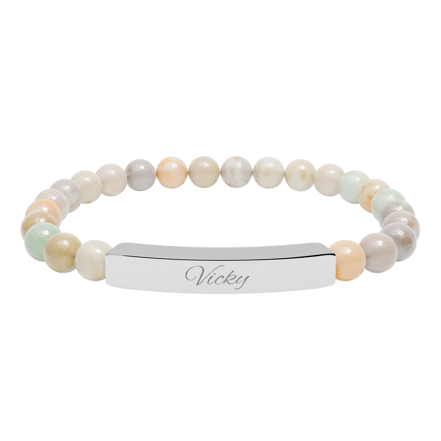 Engravable Natural Stone Bar Bracelet — Stretch Beaded Personalized Jewelry