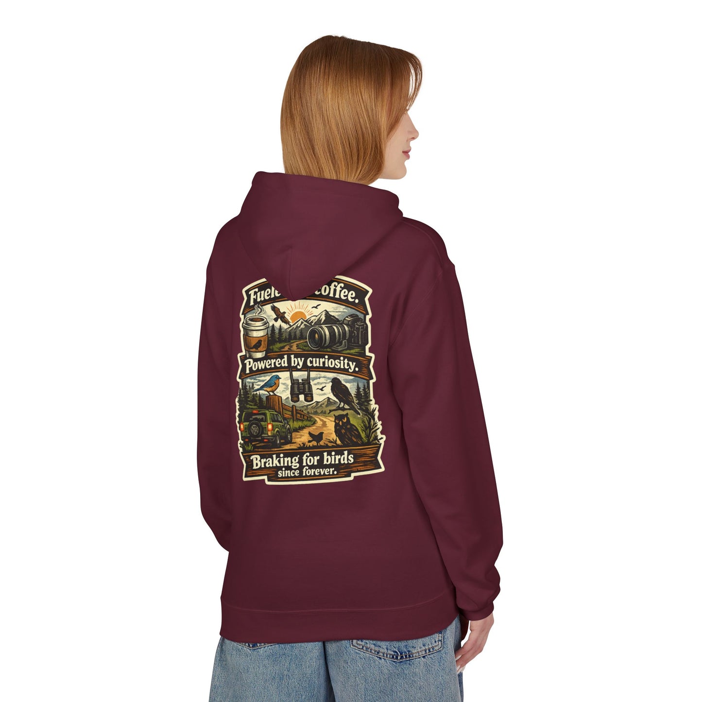 Hoodie — "Fueled by Coffee, Powered by Curiosity, Braking for Birds" Vintage Adventure Graphic