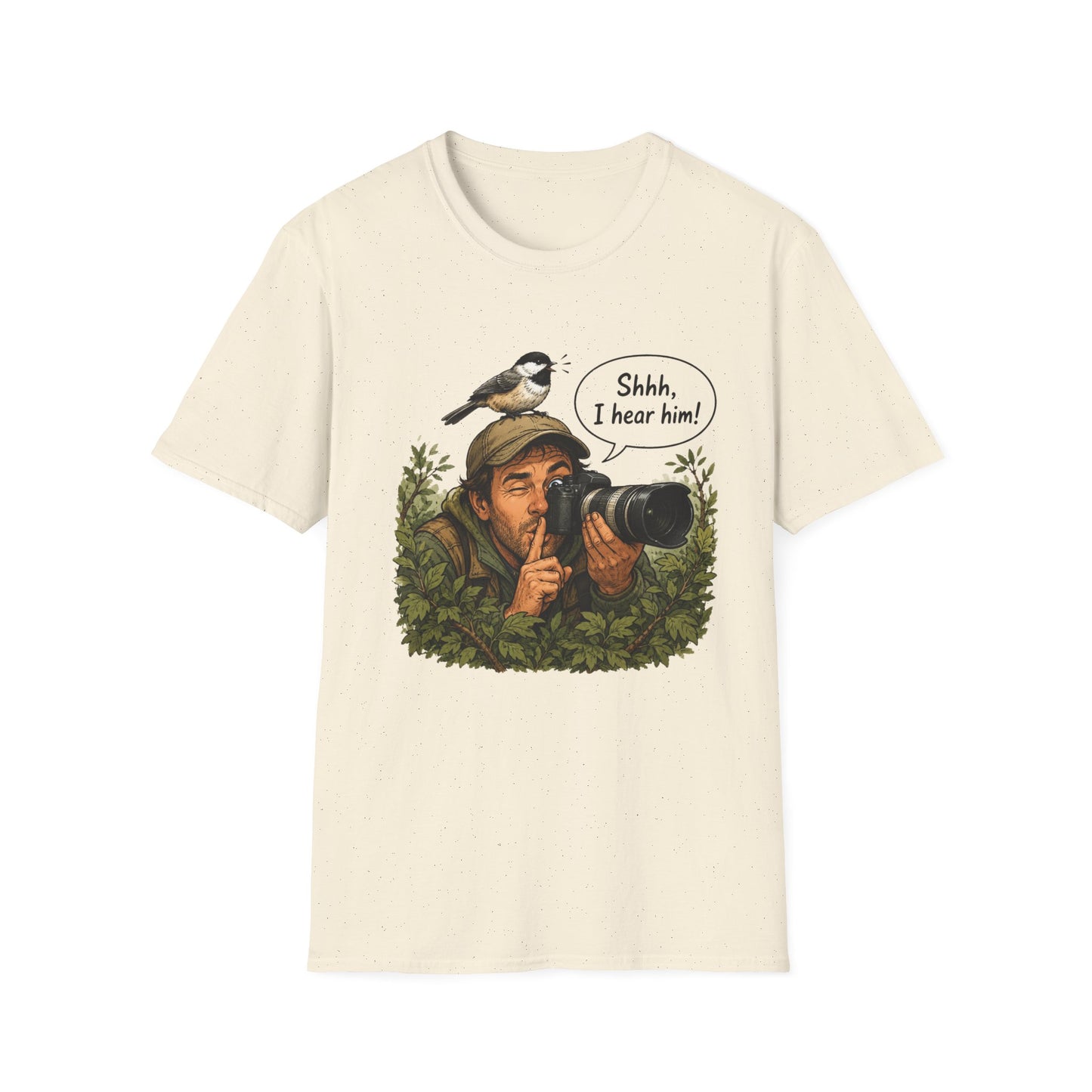 Birdwatcher Photographer T‑Shirt — “Shhh, I hear him!” Nature Lover Tee