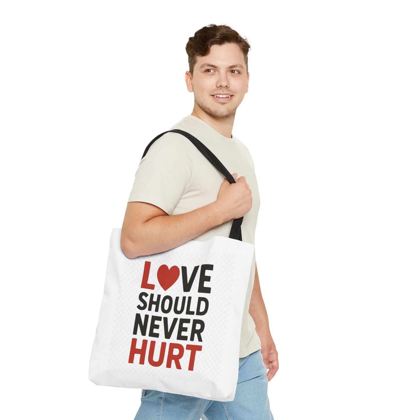 Love Should Never Hurt Tote Bag – Inspirational Gift for Awareness Events, Eco-Friendly Reusable Shopping Bag, Positive Affirmation Bag