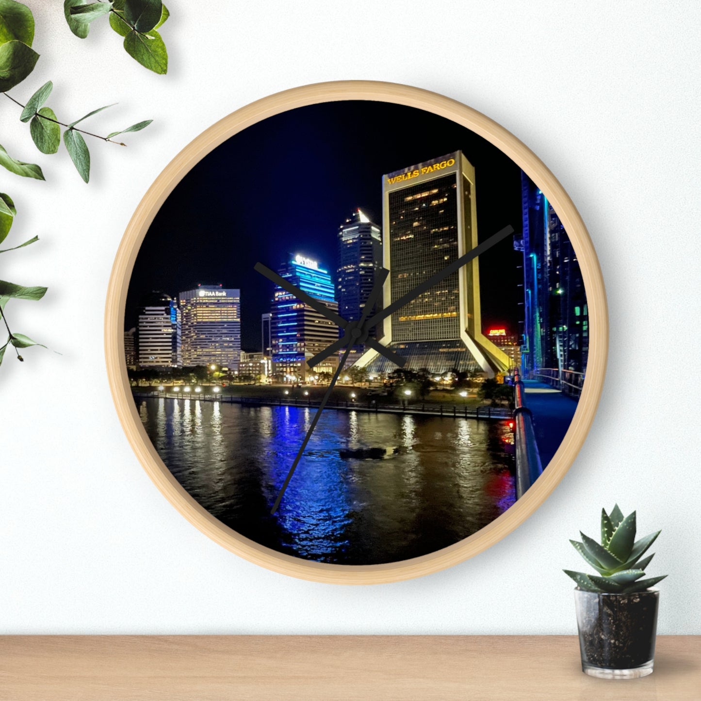 City Nightscape Wall Clock — Illuminated Skyline Reflection Clock for Modern Home Décor