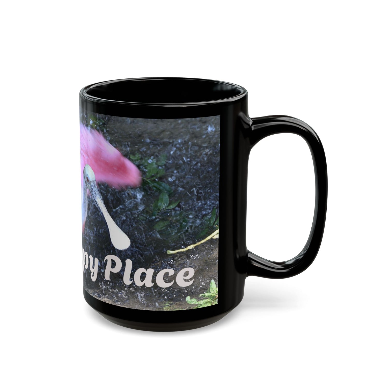 Vibrant Black Mug with Happy Place Design, Unique Gift for Bird Lovers, Coffee Mug, Cute Home Decor, Fun Office Mug, Ideal for Birthdays