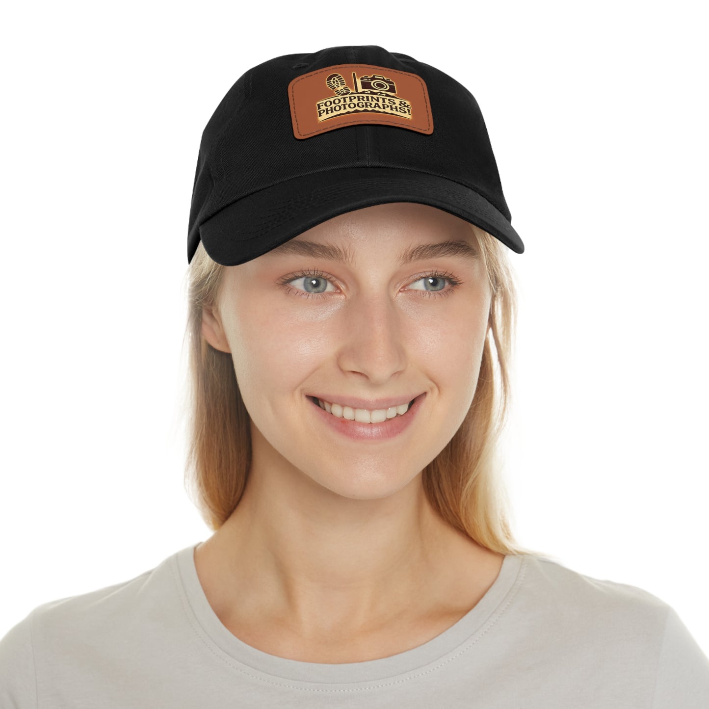 Leather Patch Dad Hat — "Footprints & Photographs" Outdoor Photographer Cap