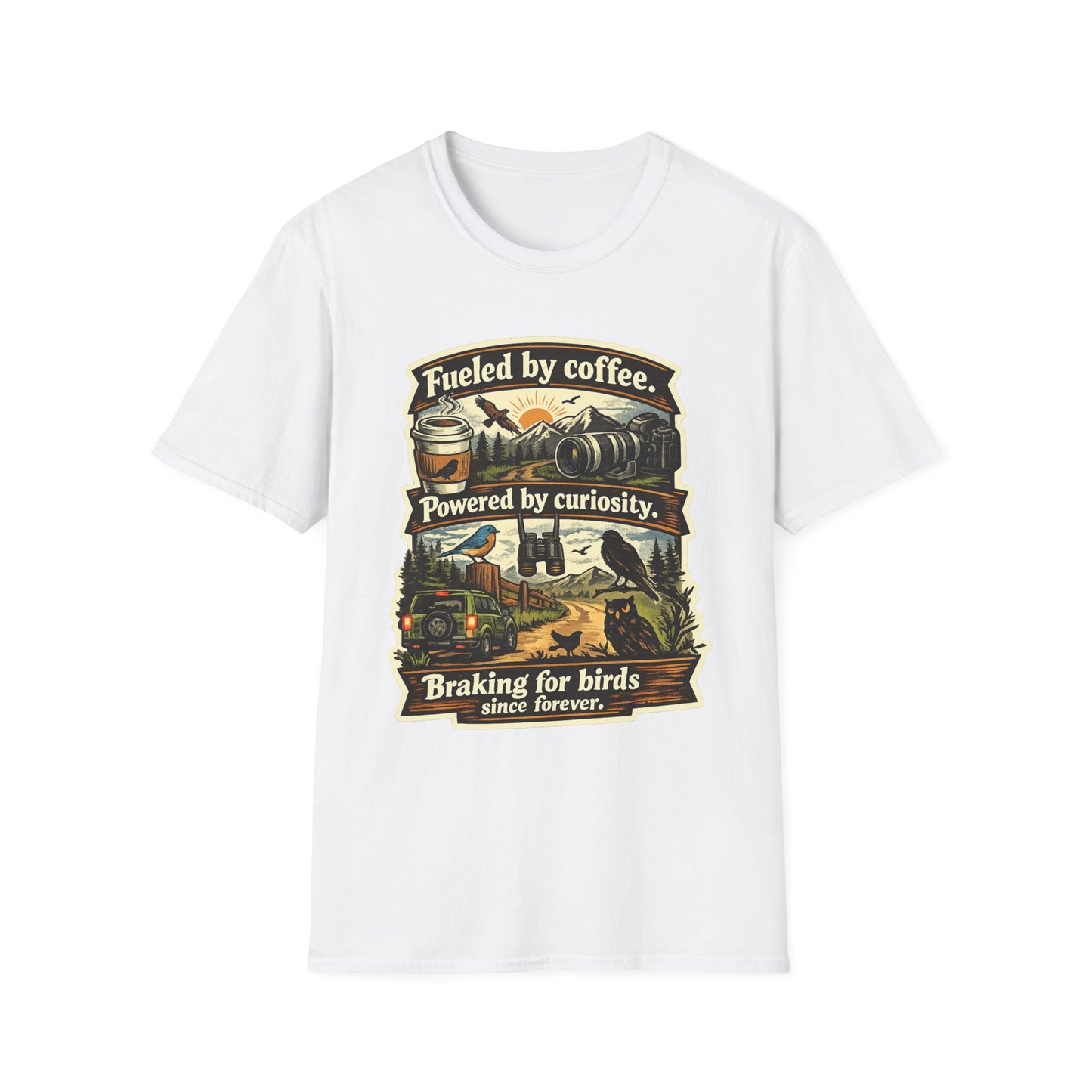 Birdwatcher Graphic T-Shirt — "Fueled by Coffee. Powered by Curiosity. Braking for Birds."