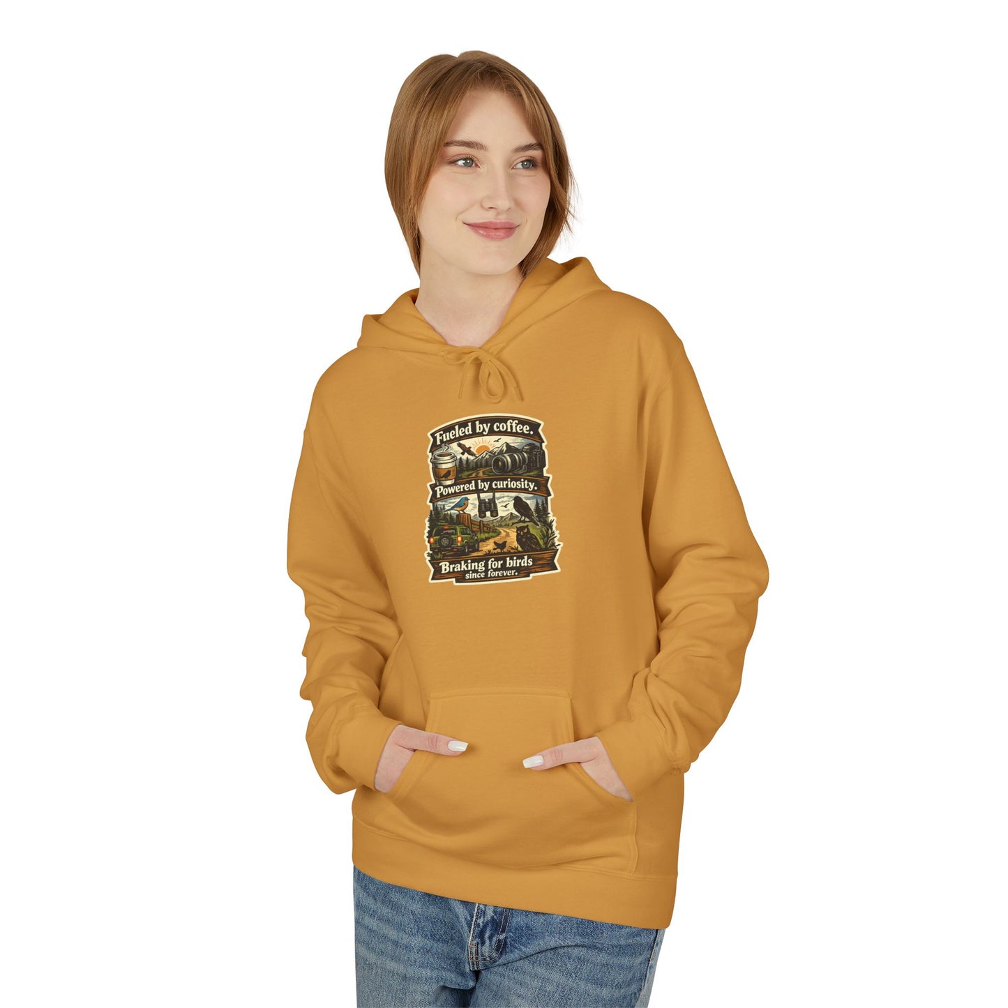 Hoodie — "Fueled by Coffee, Powered by Curiosity, Braking for Birds" Vintage Adventure Graphic