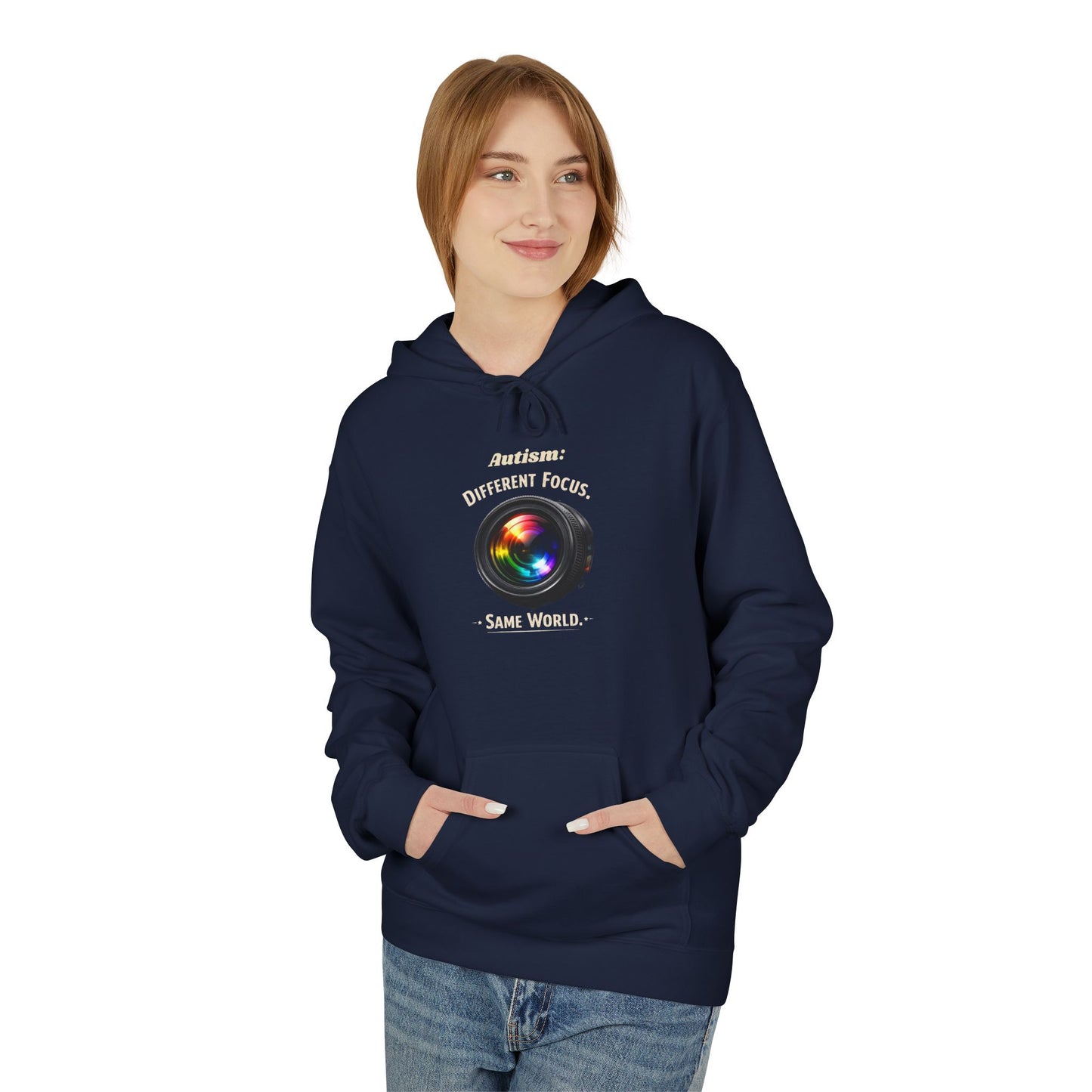 Hoodie — 'Different Not Less, Same World' Rainbow Eye Graphic