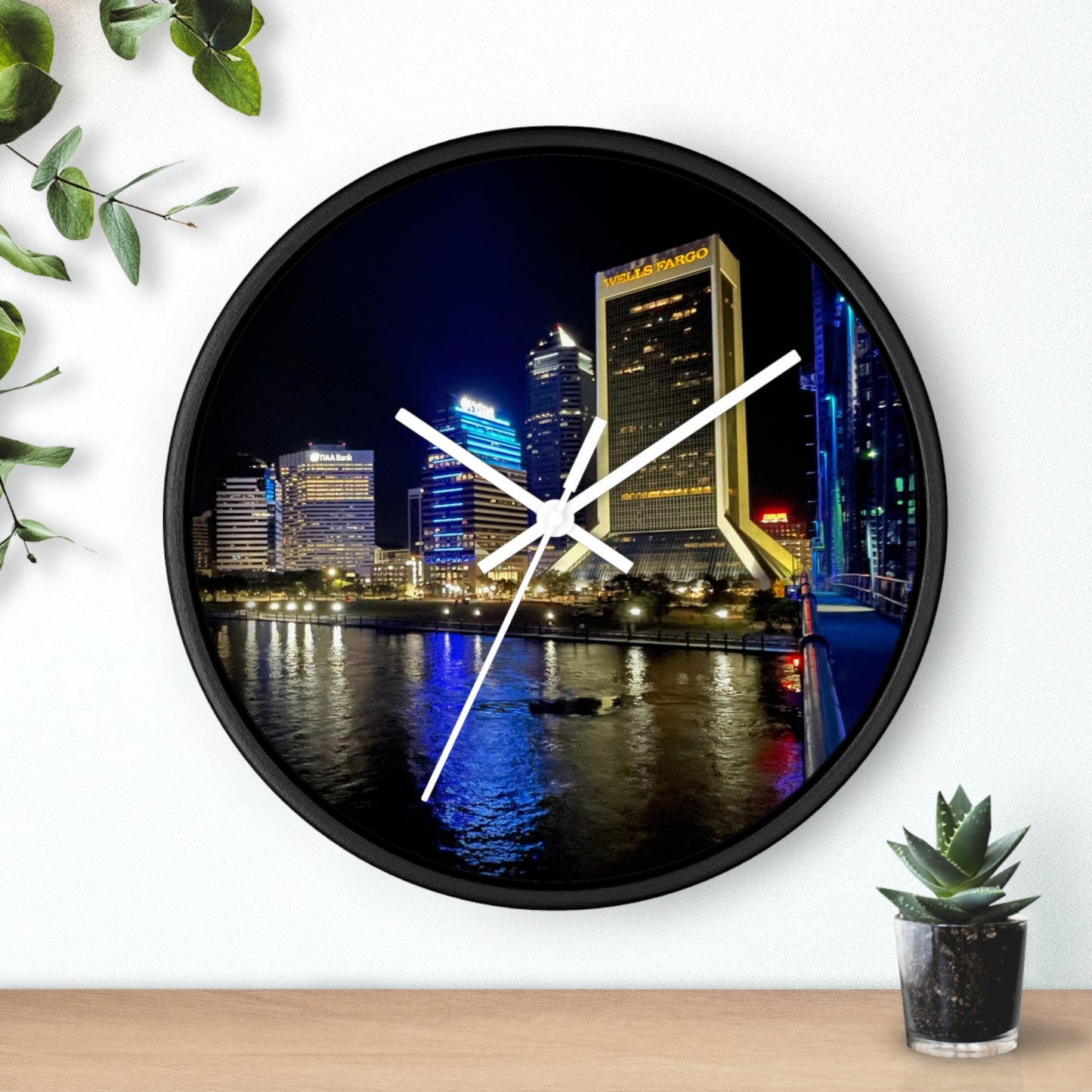 City Nightscape Wall Clock — Illuminated Skyline Reflection Clock for Modern Home Décor