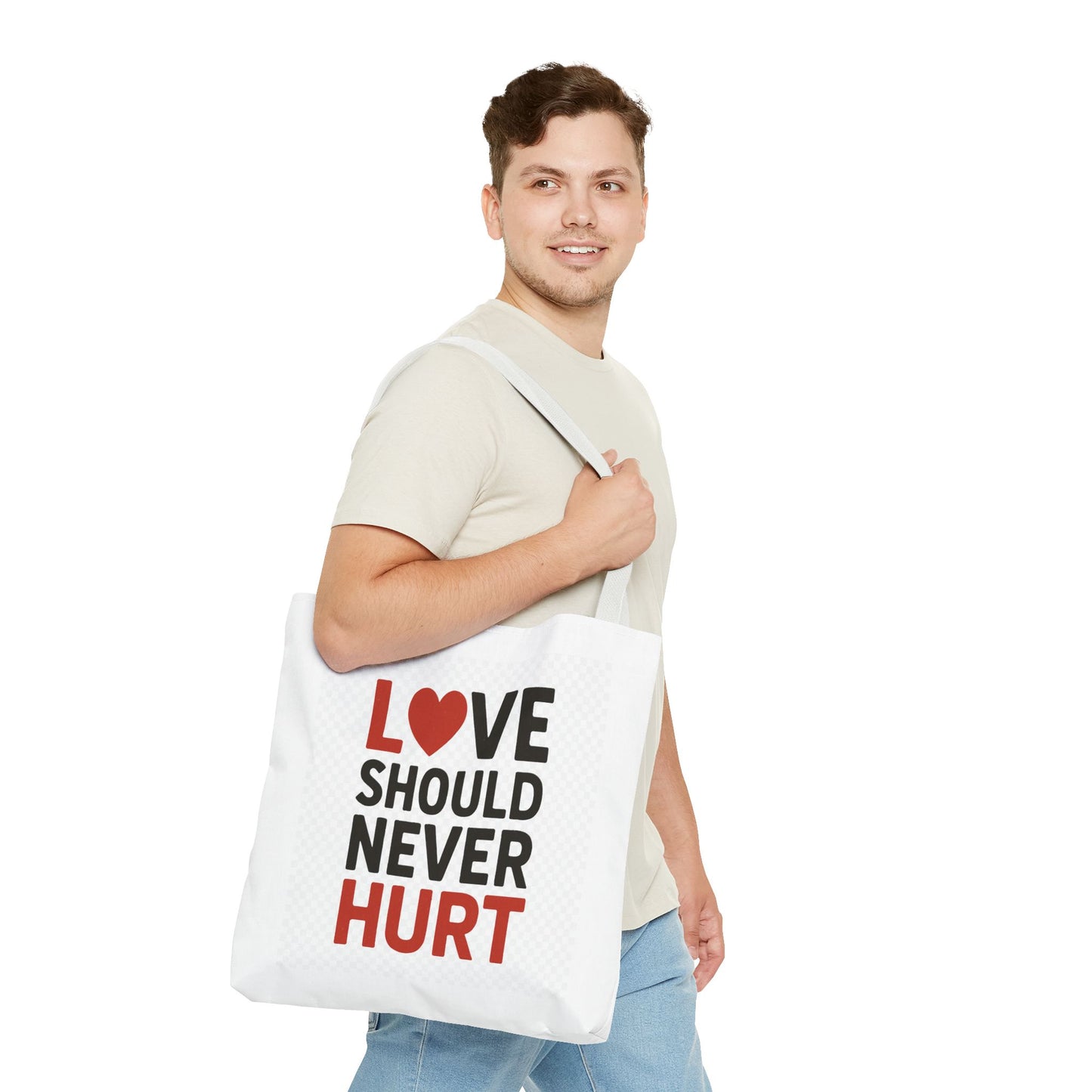 Love Should Never Hurt Tote Bag – Inspirational Gift for Awareness Events, Eco-Friendly Reusable Shopping Bag, Positive Affirmation Bag