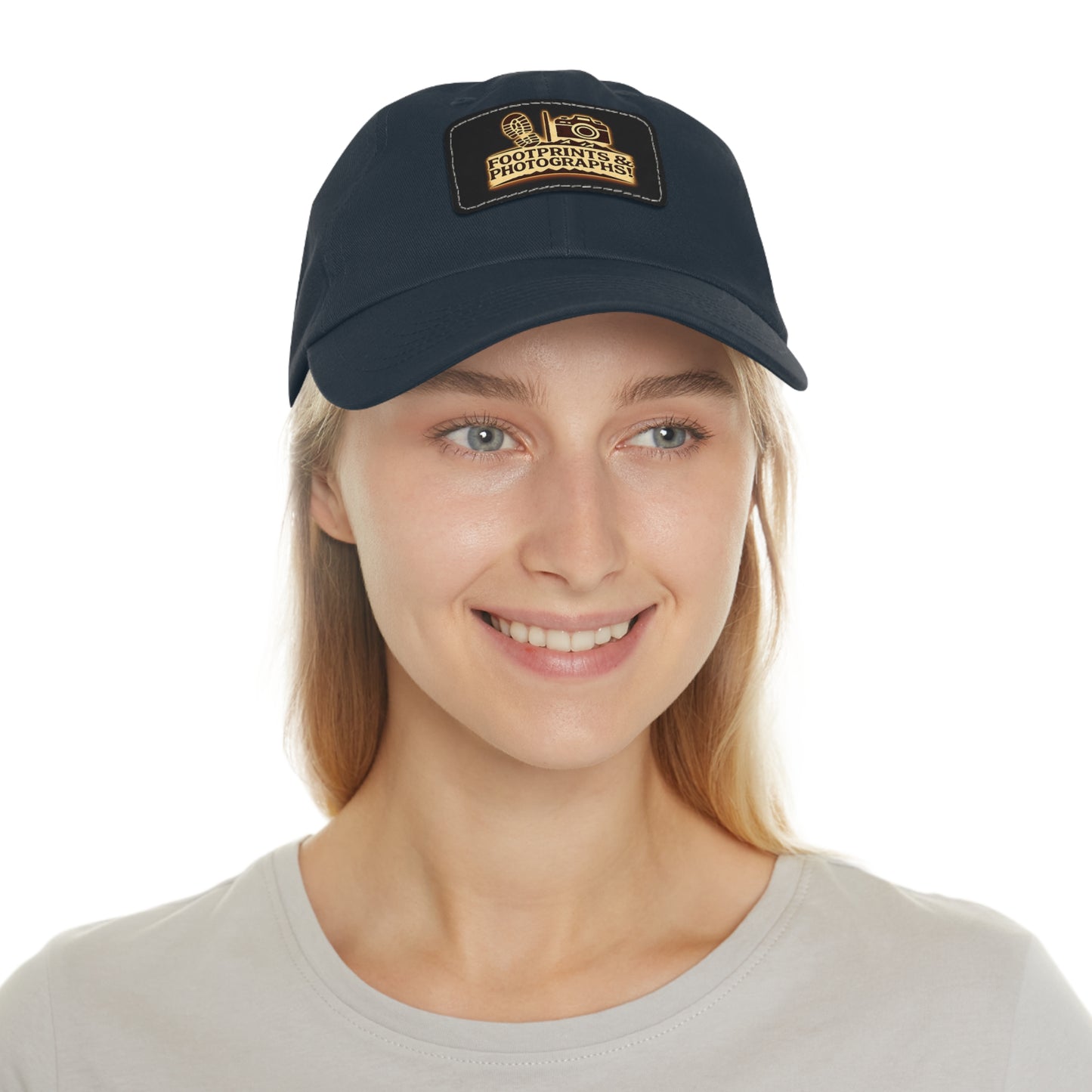 Leather Patch Dad Hat — "Footprints & Photographs" Outdoor Photographer Cap