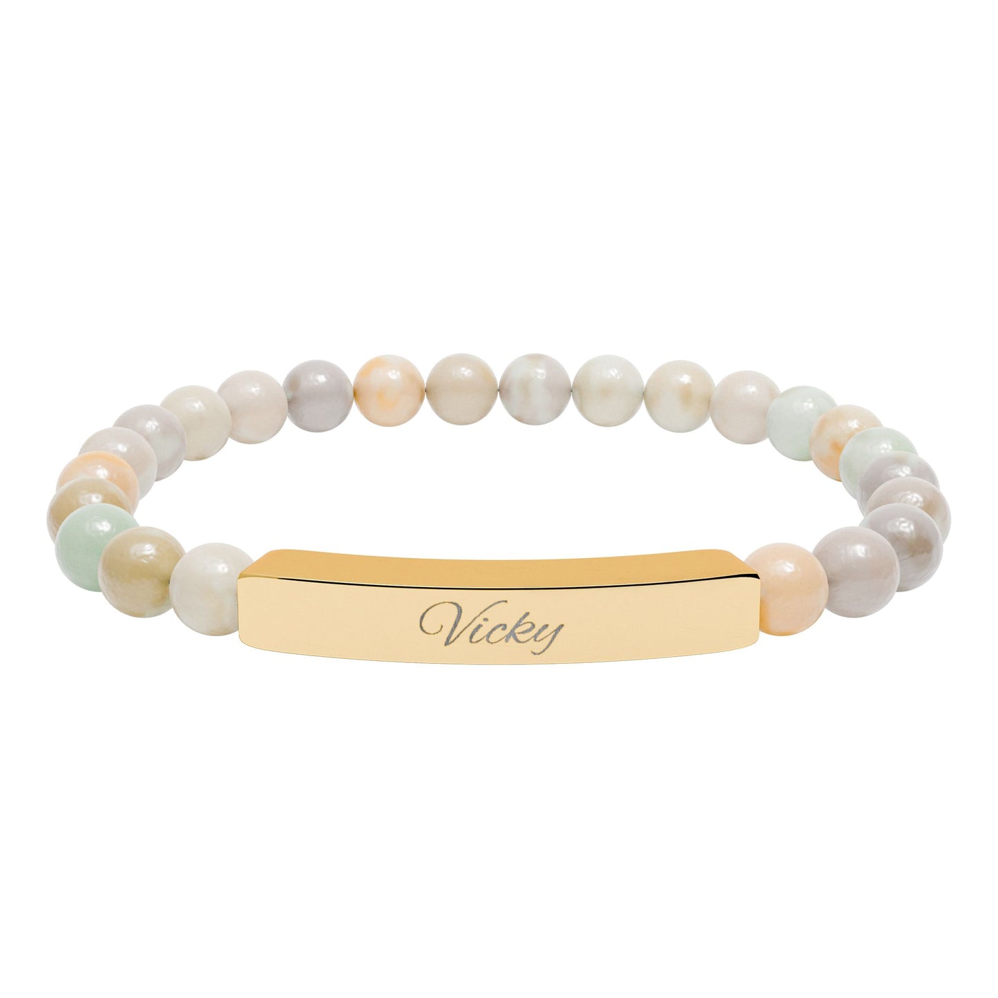 Engravable Natural Stone Bar Bracelet — Stretch Beaded Personalized Jewelry