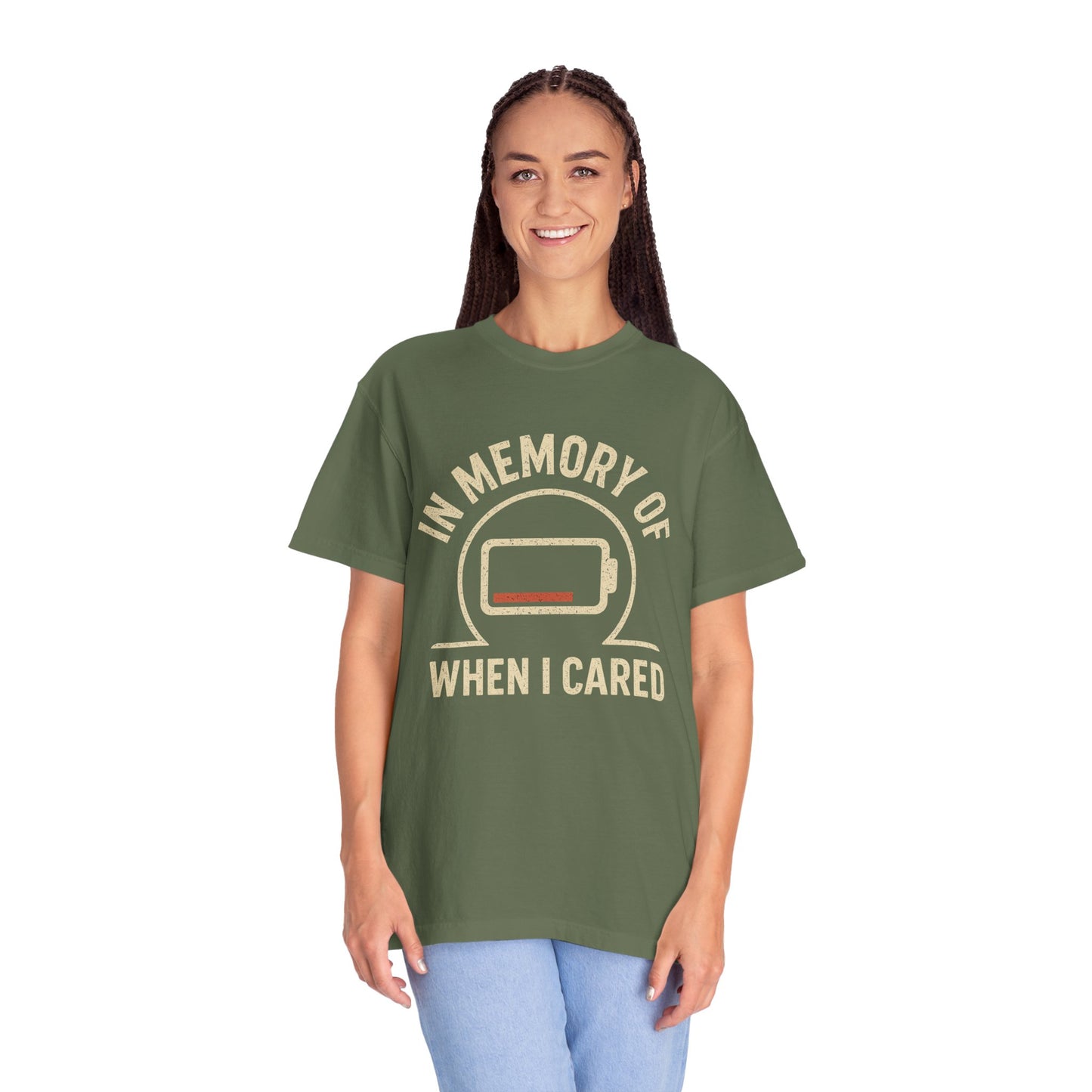T-Shirt — "In Memory of When I Cared" Low Battery Graphic Tee
