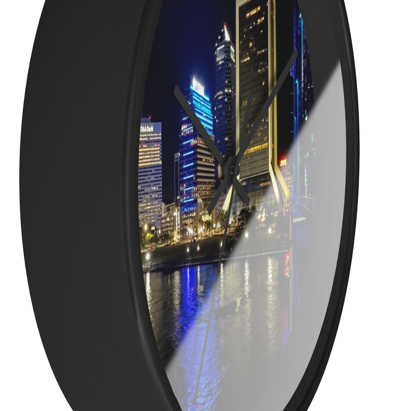 City Nightscape Wall Clock — Illuminated Skyline Reflection Clock for Modern Home Décor