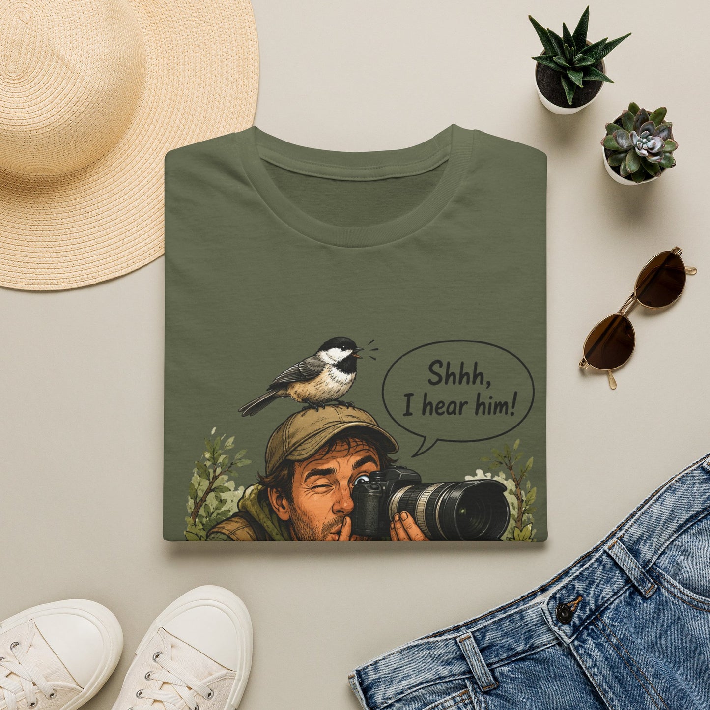 Birdwatcher Photographer T‑Shirt — “Shhh, I hear him!” Nature Lover Tee
