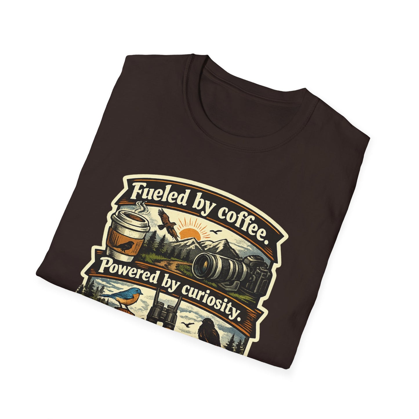 Birdwatcher Graphic T-Shirt — "Fueled by Coffee. Powered by Curiosity. Braking for Birds."
