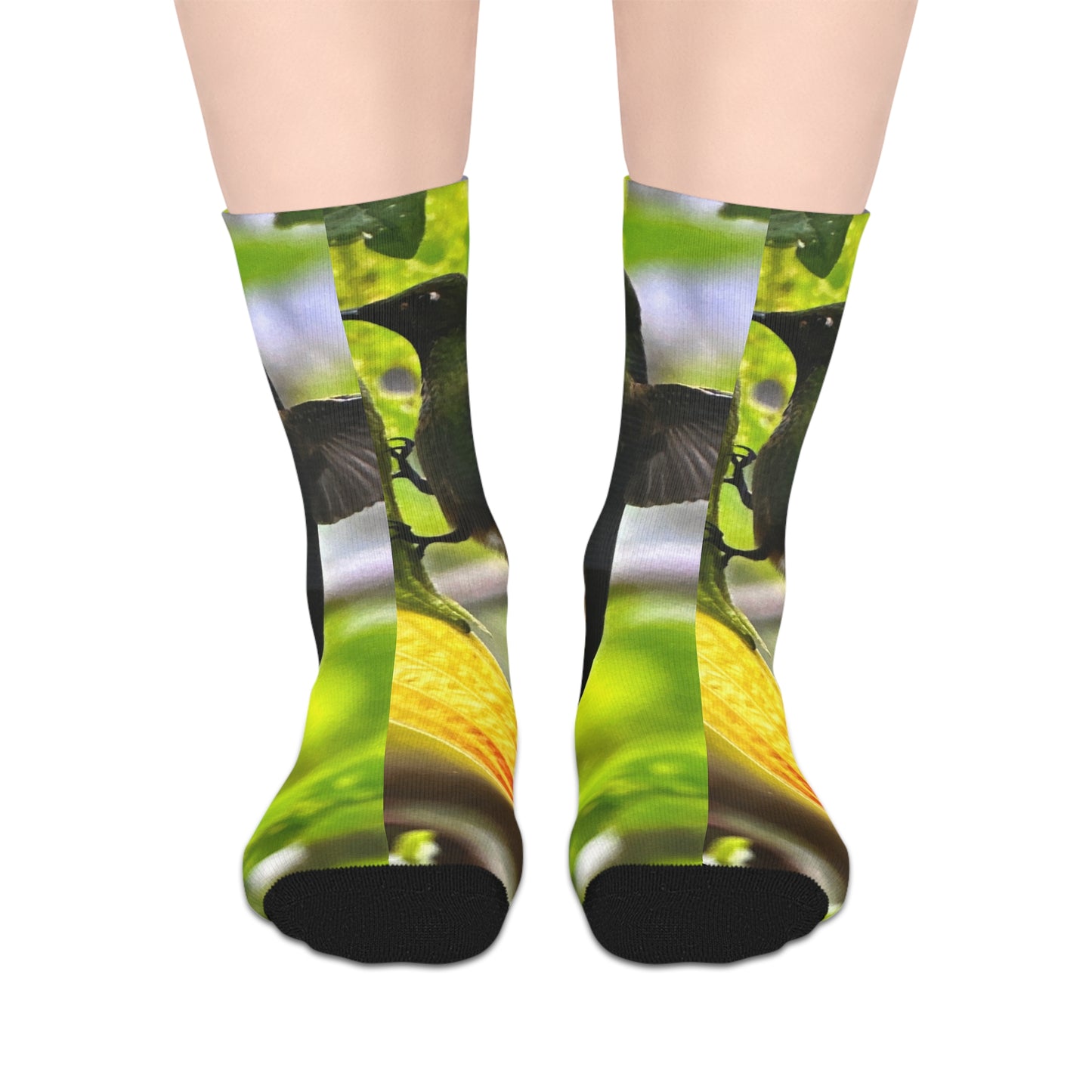 Hummingbird & Yellow Flower Mid-Length Socks — Nature Floral Crew Socks