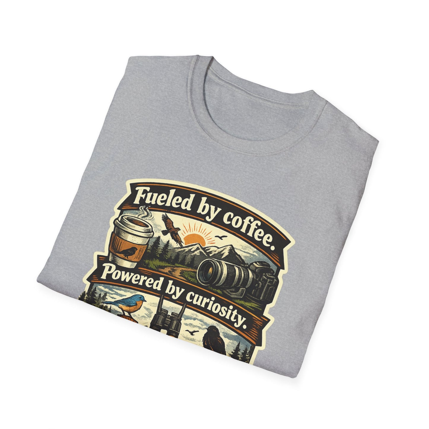 Birdwatcher Graphic T-Shirt — "Fueled by Coffee. Powered by Curiosity. Braking for Birds."
