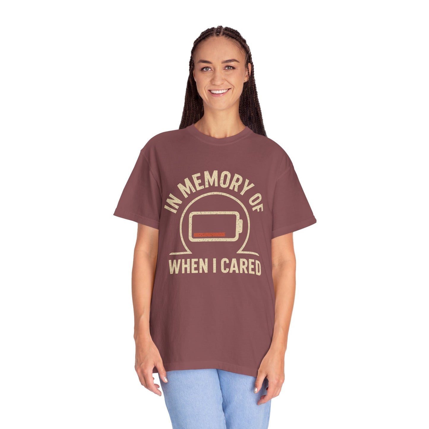 T-Shirt — "In Memory of When I Cared" Low Battery Graphic Tee