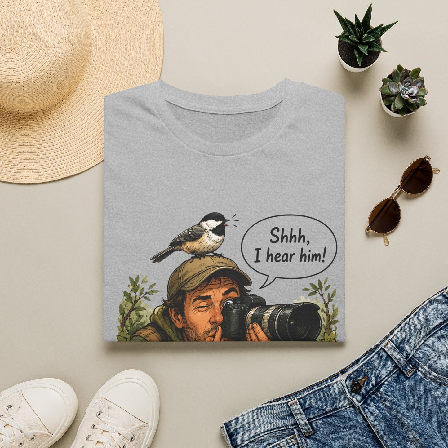 Birdwatcher Photographer T‑Shirt — “Shhh, I hear him!” Nature Lover Tee