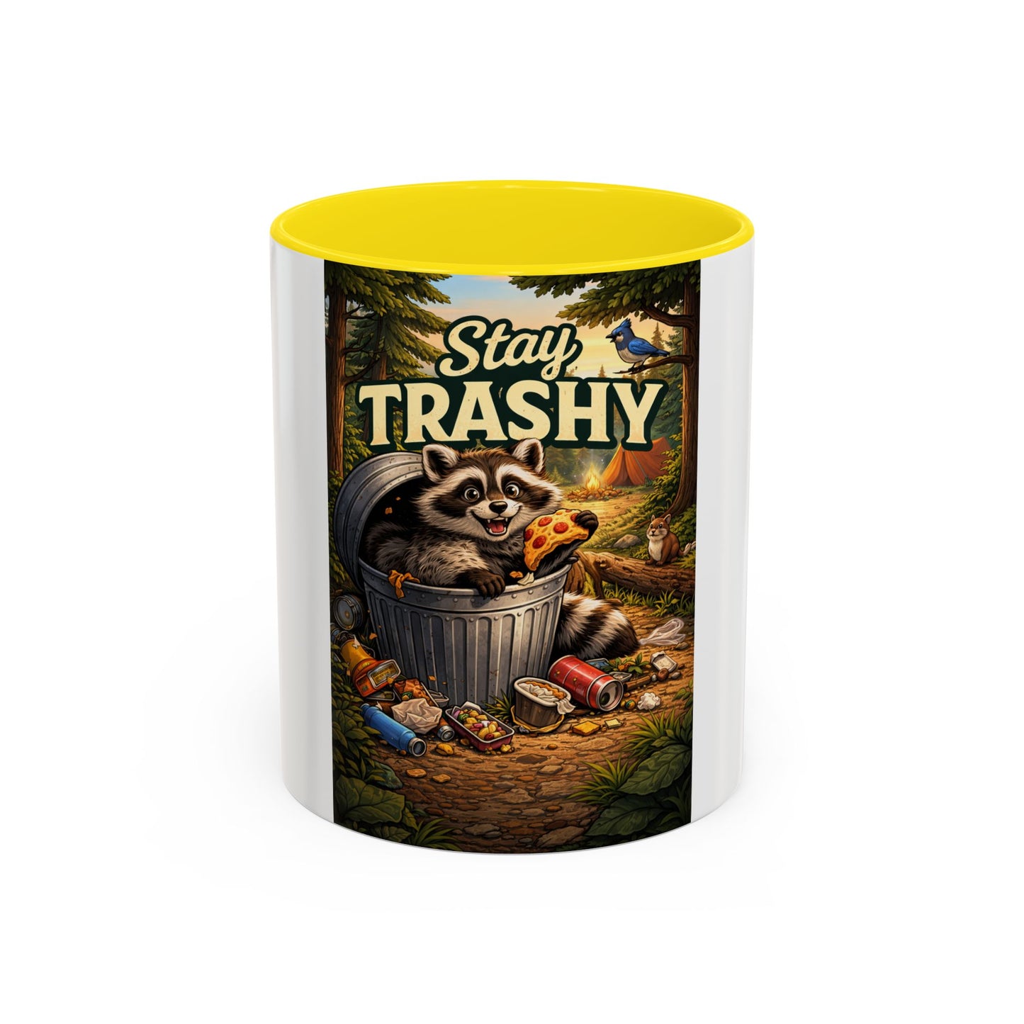 Stay Trashy Coffee Mug — Funny Raccoon Trash Can Design, Novelty Gift for Friends & Family
