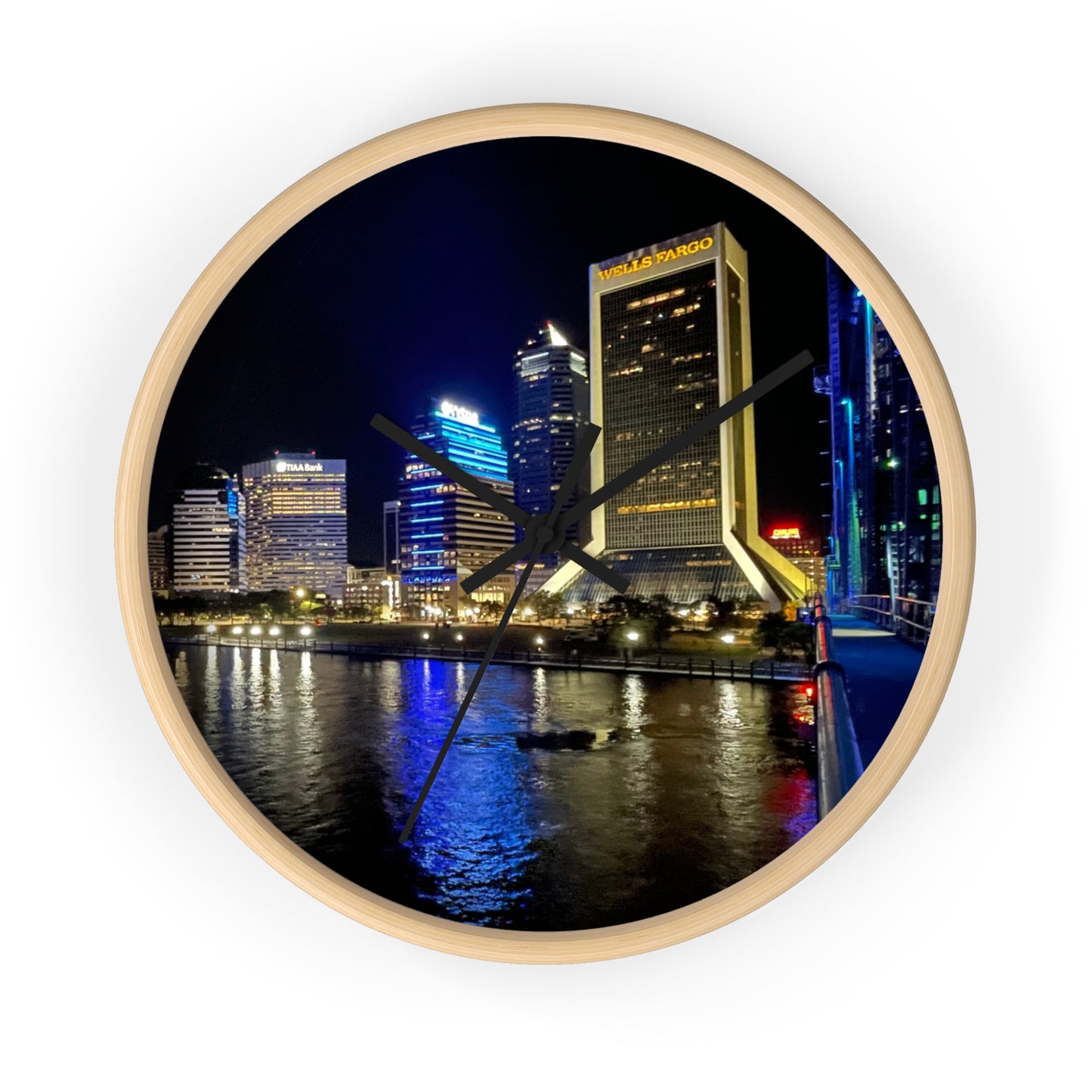 City Nightscape Wall Clock — Illuminated Skyline Reflection Clock for Modern Home Décor