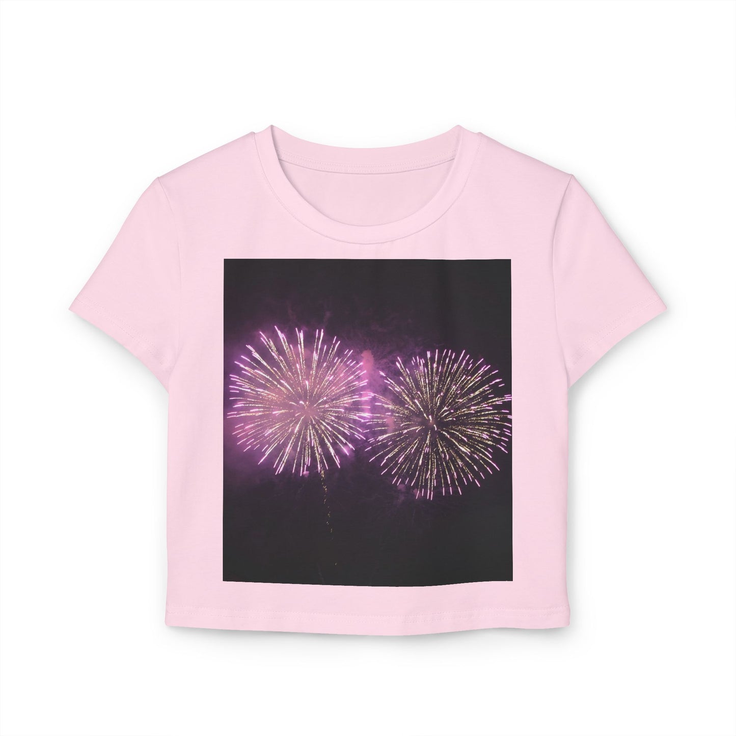 Women's Baby Tee with Vibrant Fireworks Design | Casual Summer Top, Festival Wear, Party Shirt, Celebrate Events, Gift for Her